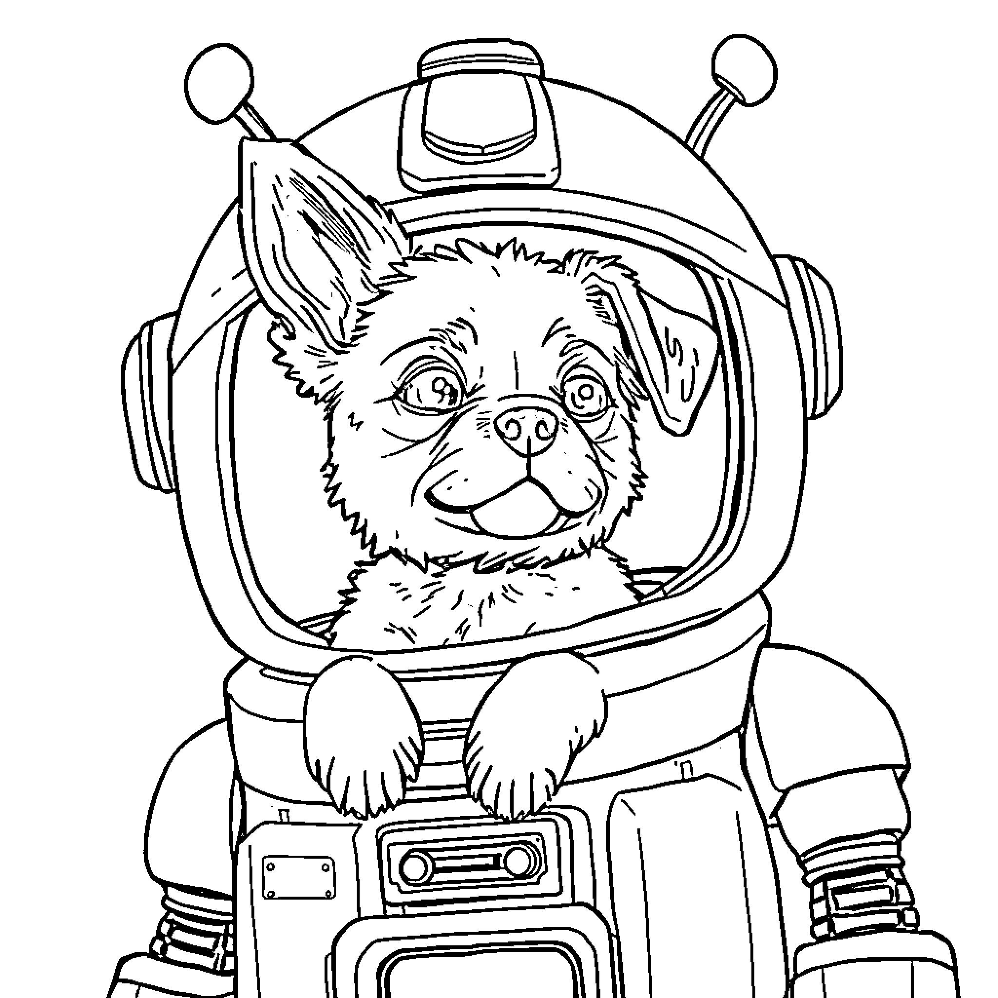 Carlin the Curious Canine Astronaut Coloring Page (free black-and-white line drawing printable PDF for all, from beginners to advanced learners, including children, teens, adults, and seniors)