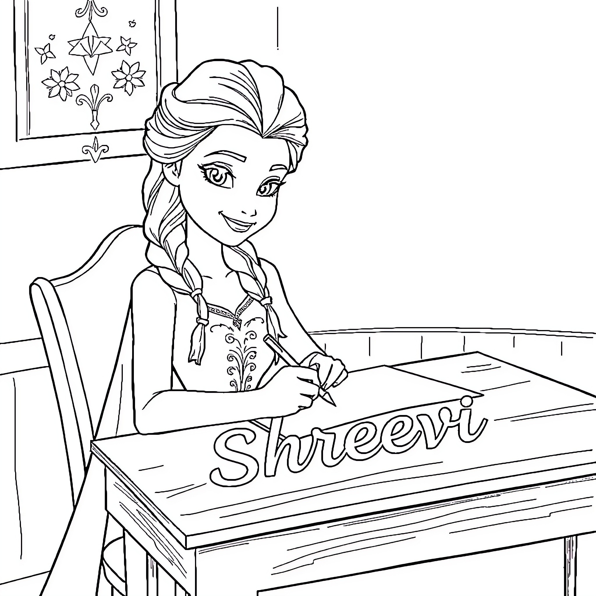 Elsa cheerfully writing at a desk Coloring Page (free black-and-white line drawing printable PDF for all, from beginners to advanced learners, including children, teens, adults, and seniors)