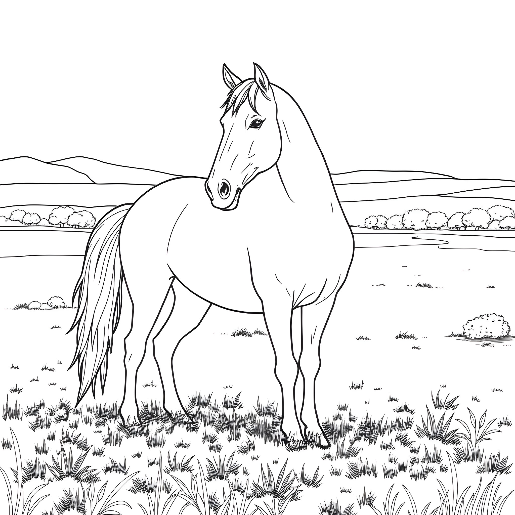 Horse standing peacefully in a scenic field Coloring Page (free black-and-white line drawing printable PDF for all, from beginners to advanced learners, including children, teens, adults, and seniors)