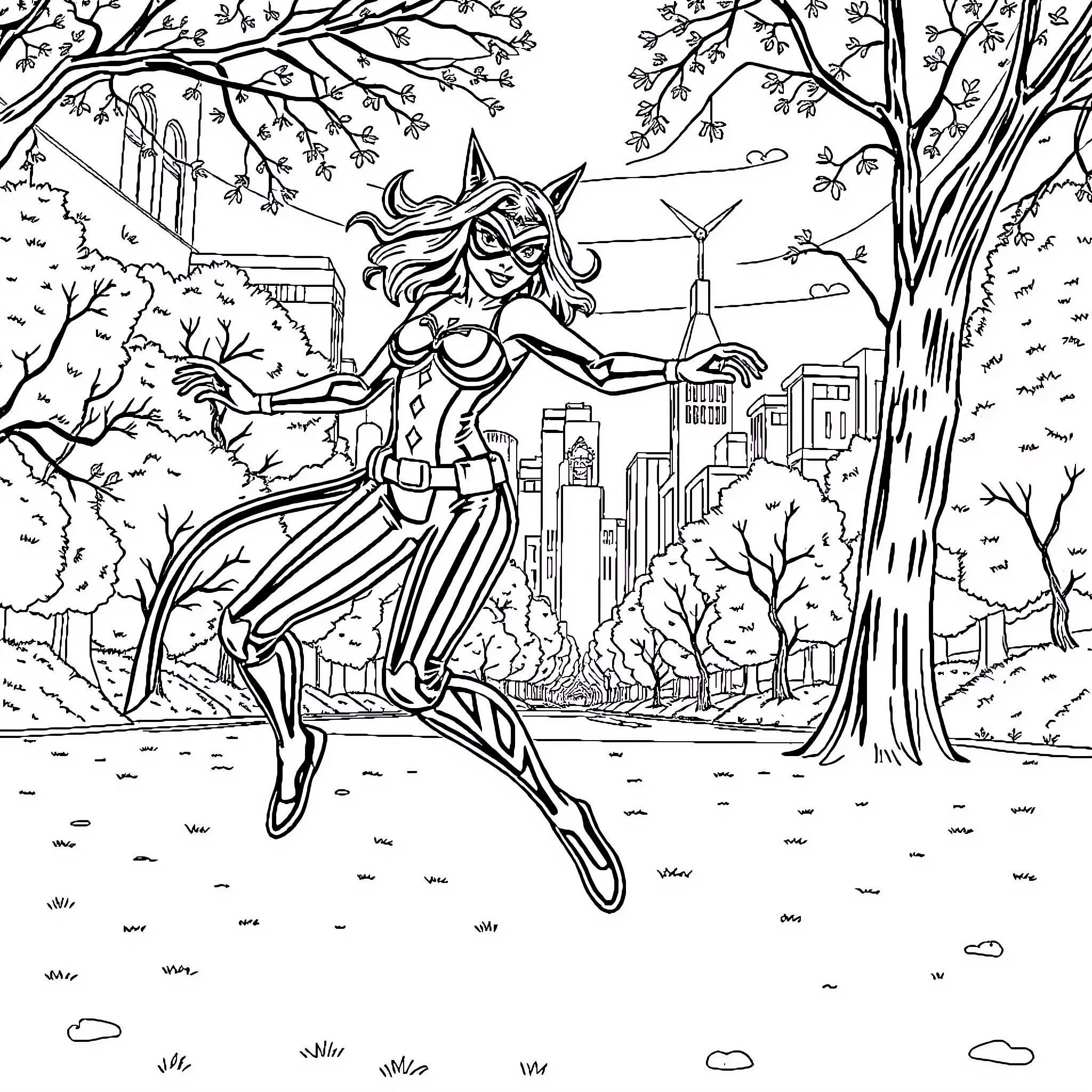 Cat Woman fighting for justice in the city Coloring Page (free black-and-white line drawing printable PDF for all, from beginners to advanced learners, including children, teens, adults, and seniors)