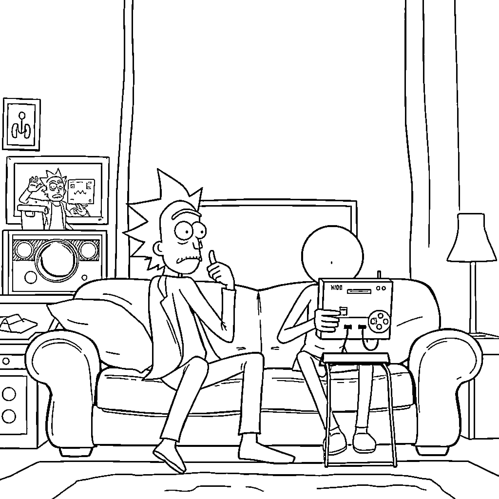 Rick And Morty hanging out in the living room Coloring Page (free black-and-white line drawing printable PDF for all, from beginners to advanced learners, including children, teens, adults, and seniors)