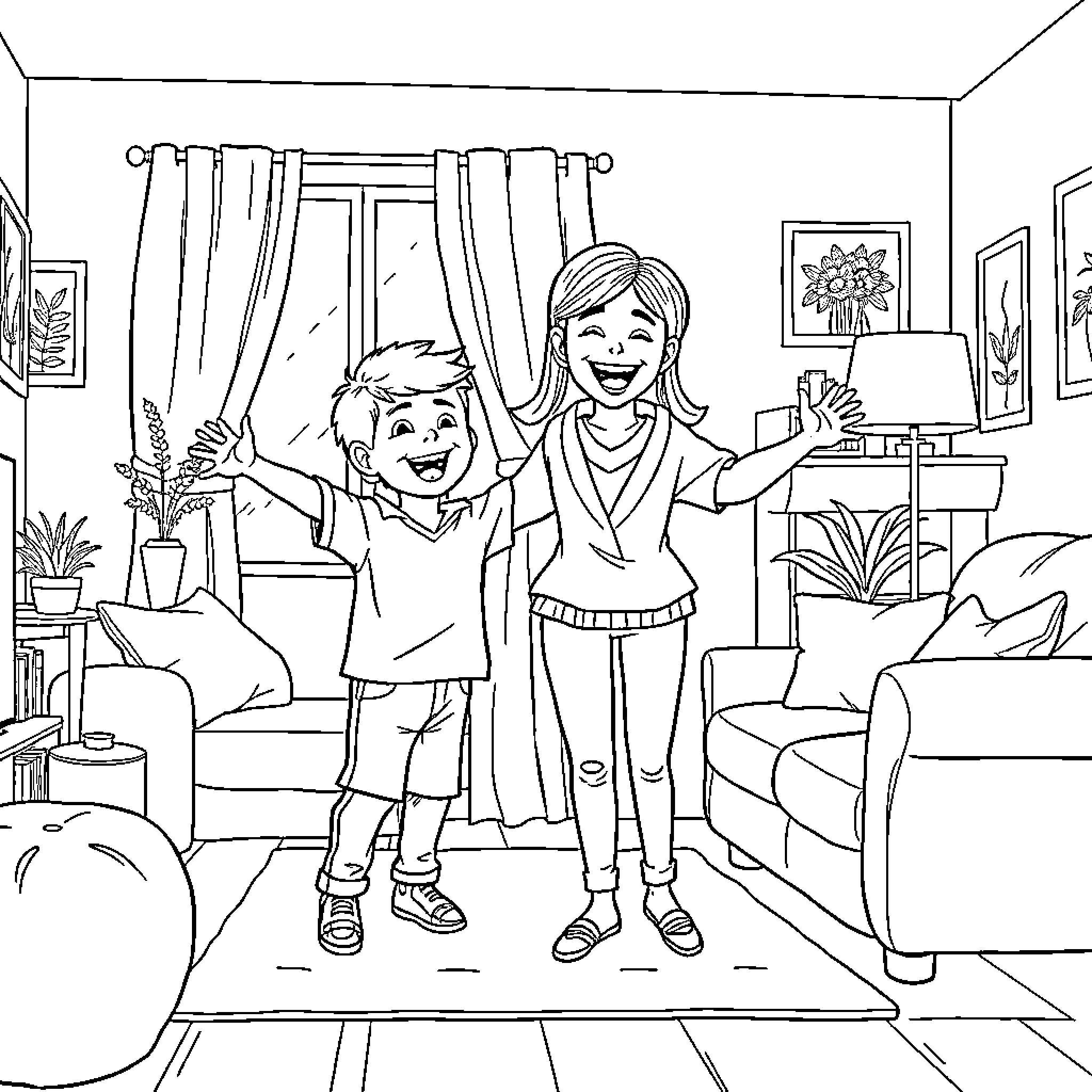 Boy and girl having fun in living room Coloring Page (free black-and-white line drawing printable PDF for all, from beginners to advanced learners, including children, teens, adults, and seniors)
