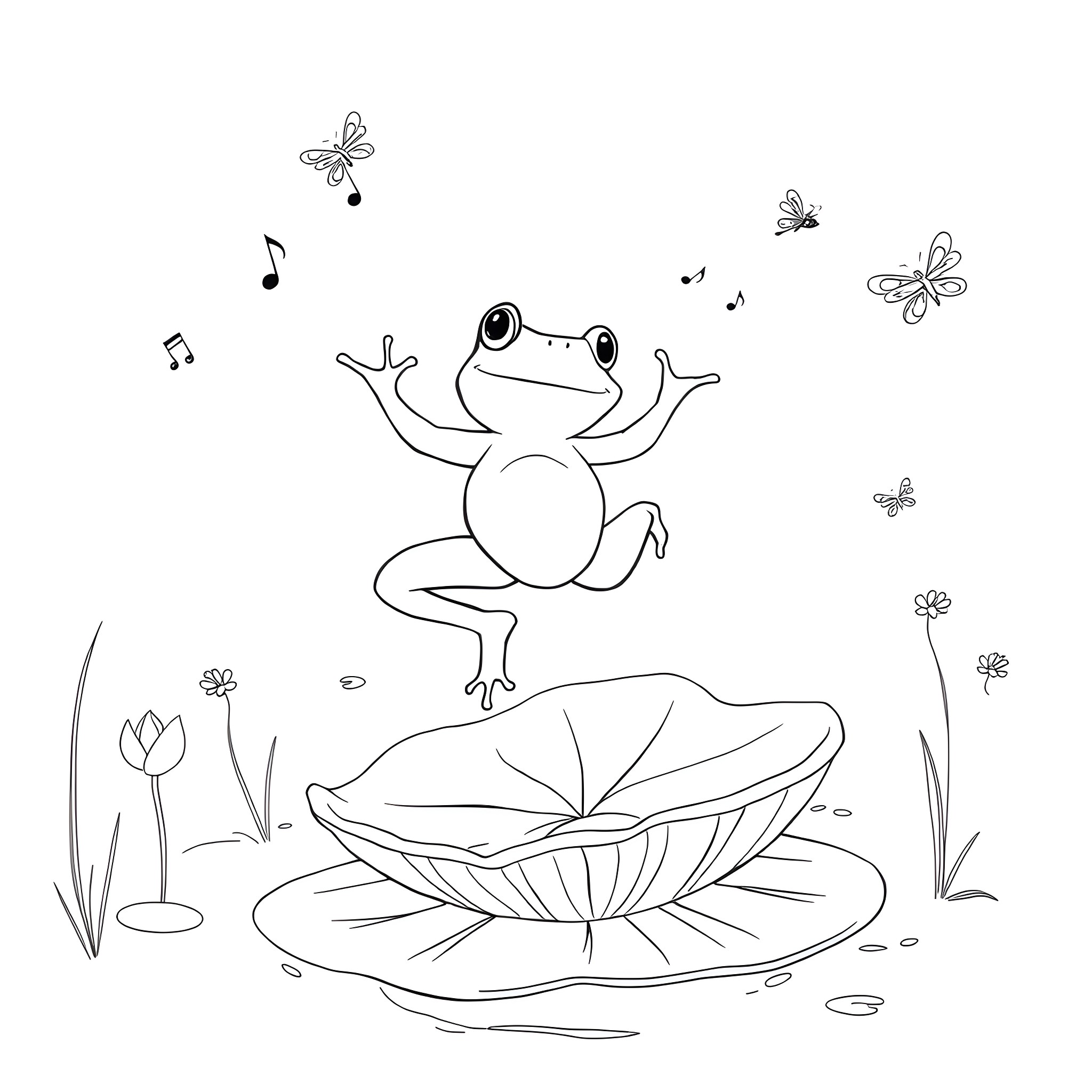 Frog singing and dancing with butterflies Coloring Page (free black-and-white line drawing printable PDF for all, from beginners to advanced learners, including children, teens, adults, and seniors)