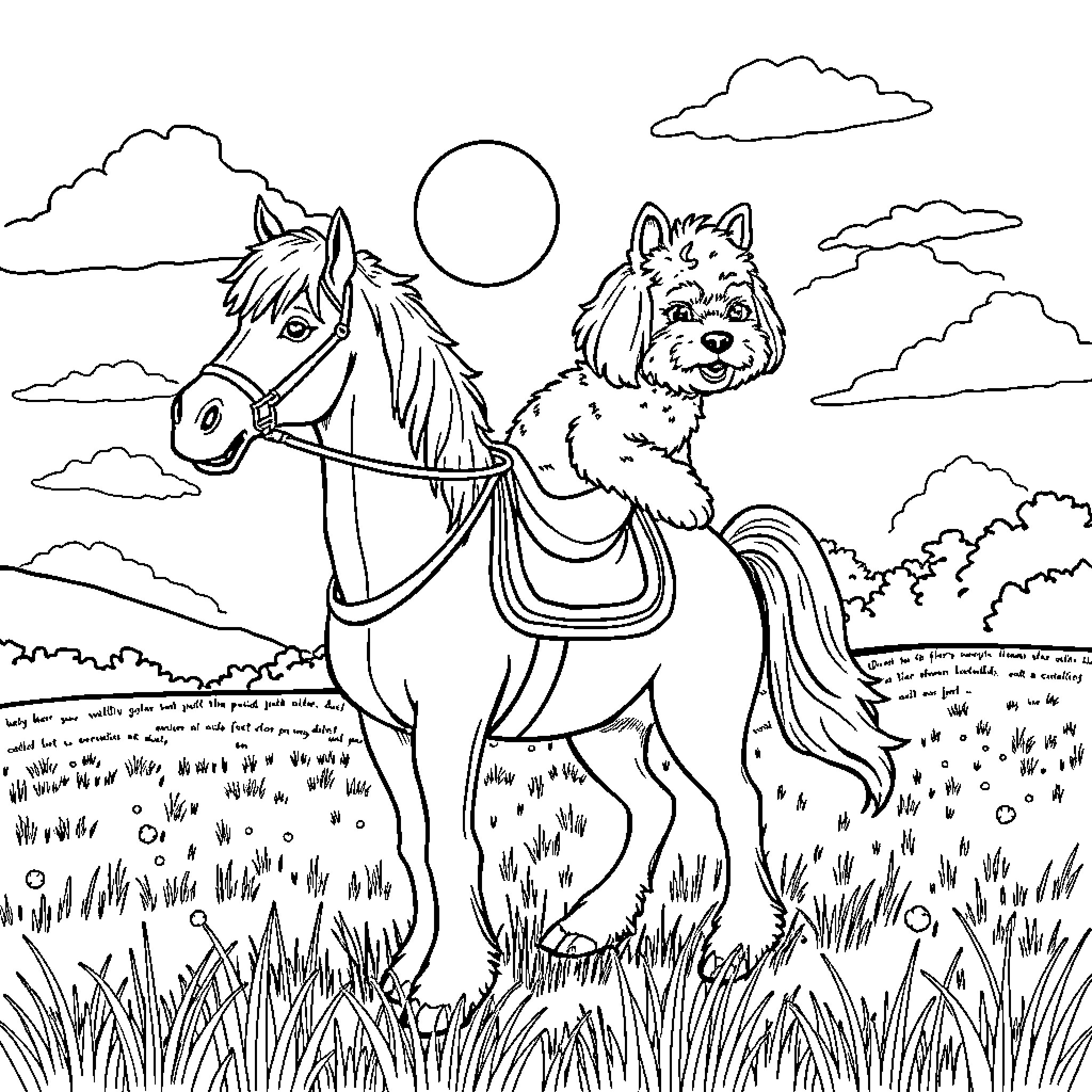 Cockerpoo riding a horse in the countryside Coloring Page (free black-and-white line drawing printable PDF for all, from beginners to advanced learners, including children, teens, adults, and seniors)