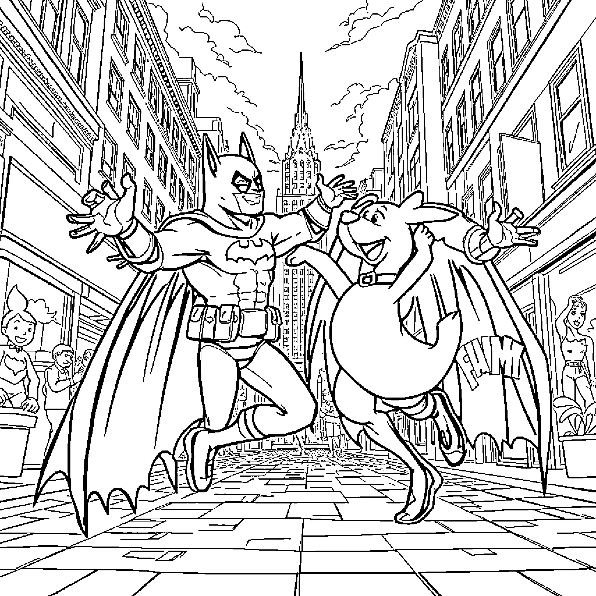 Dogma: Superheroes in Action in the City Coloring Page (free black-and-white line drawing printable PDF for all, from beginners to advanced learners, including children, teens, adults, and seniors)