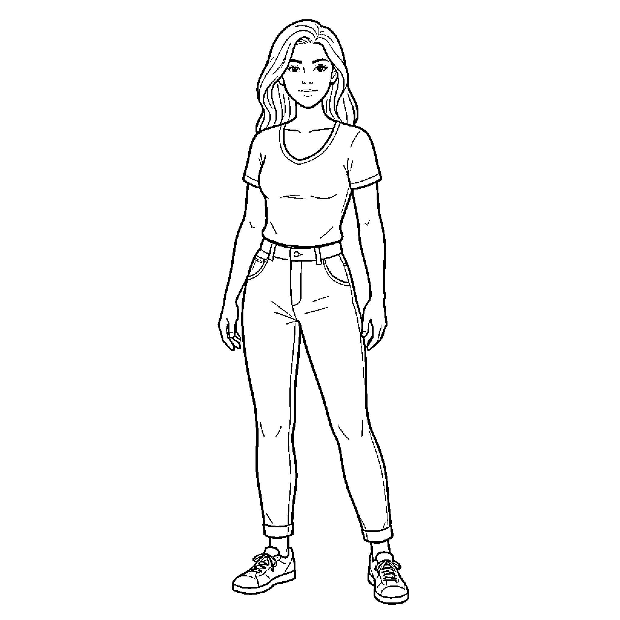 Female standing confidently in casual t-shirt and jeans Coloring Page (free black-and-white line drawing printable PDF for all, from beginners to advanced learners, including children, teens, adults, and seniors)