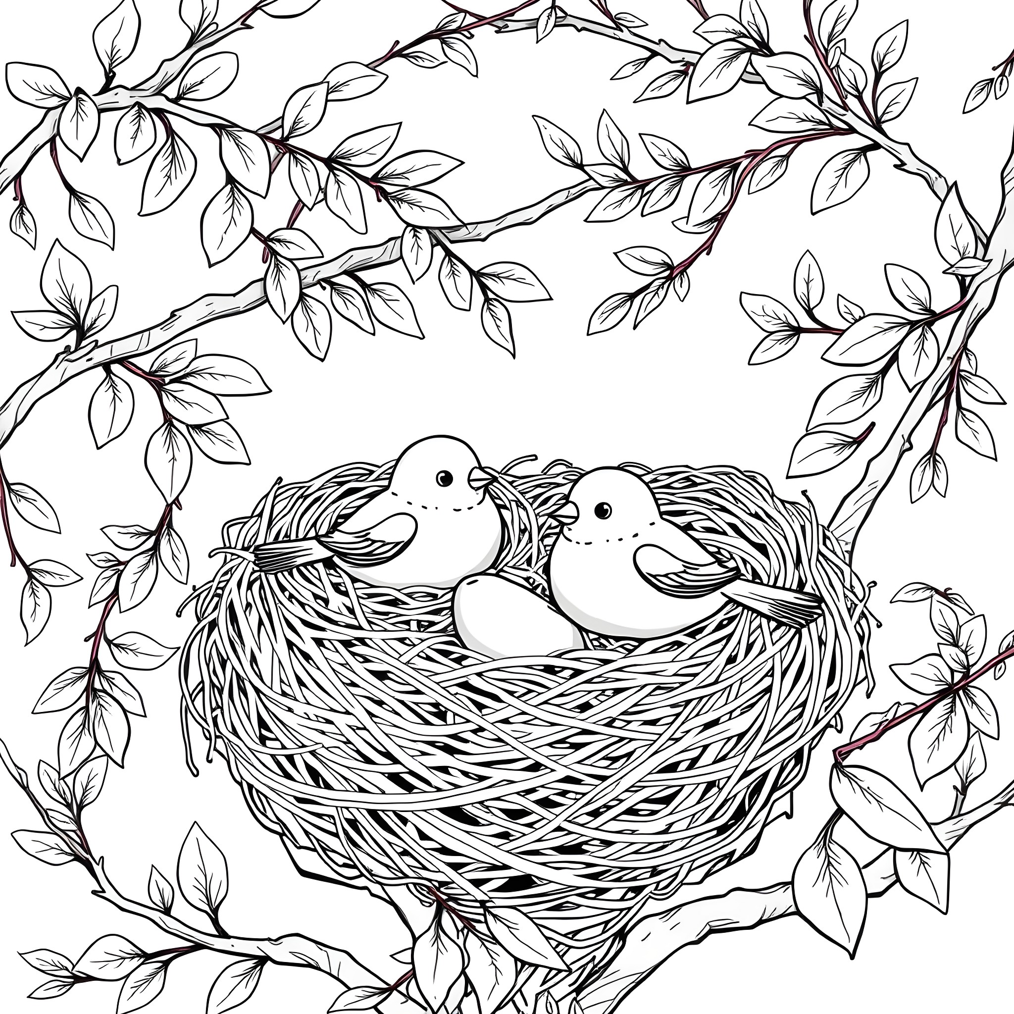 Bird Family in Nest Surrounded by Foliage Coloring Page (free black-and-white line drawing printable PDF for all, from beginners to advanced learners, including children, teens, adults, and seniors)
