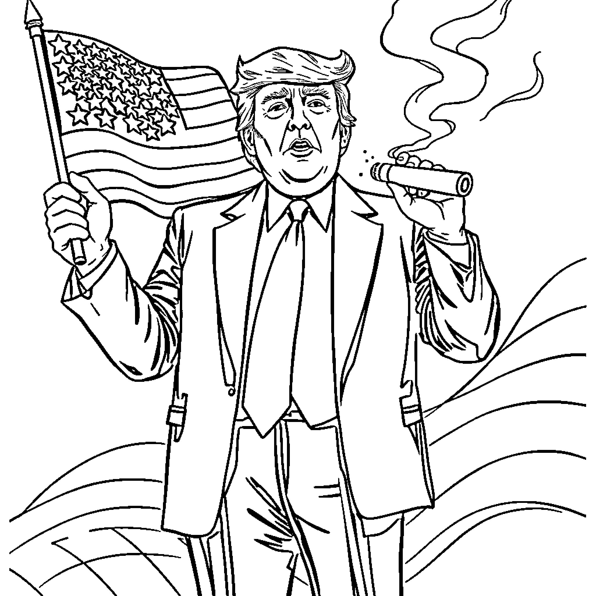 Donald Trump Holding American Flag and Smoking Cigar Coloring Page (free black-and-white line drawing printable PDF for all, from beginners to advanced learners, including children, teens, adults, and seniors)