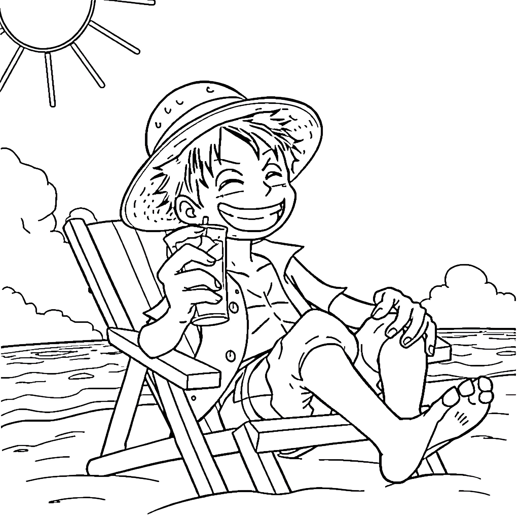 Luffy enjoying a relaxing day at the beach Coloring Page (free black-and-white line drawing printable PDF for all, from beginners to advanced learners, including children, teens, adults, and seniors)