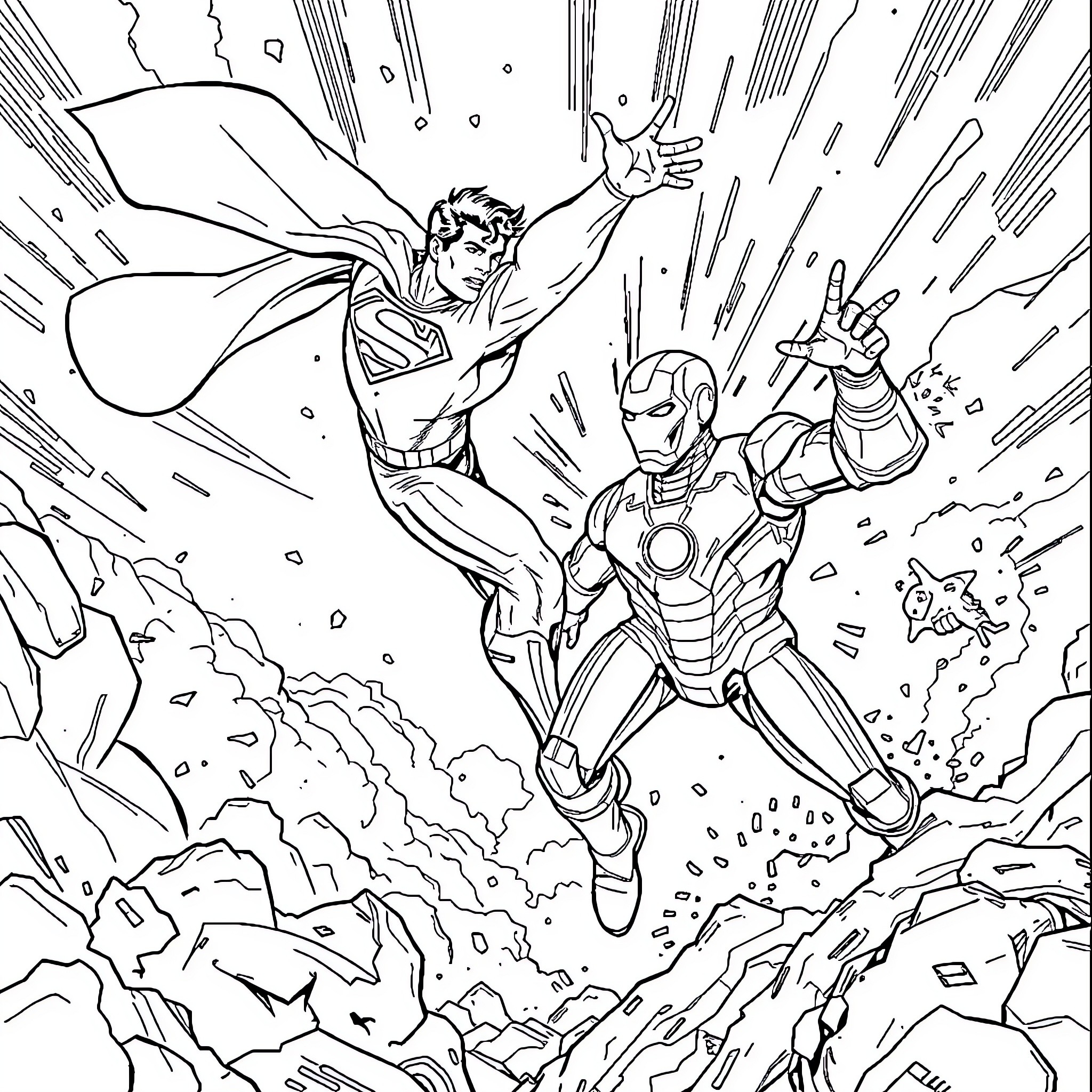 Superman battling Iron Man in an epic showdown Coloring Page (free black-and-white line drawing printable PDF for all, from beginners to advanced learners, including children, teens, adults, and seniors)