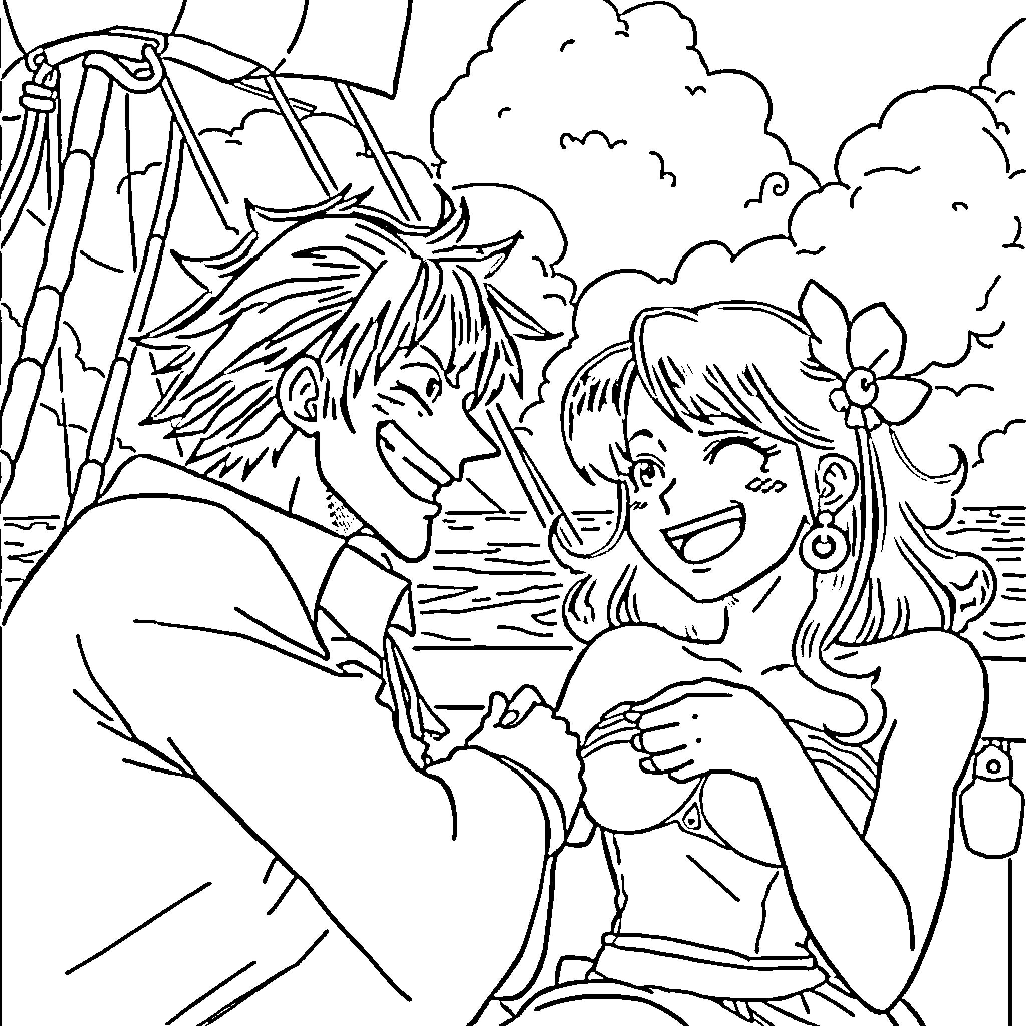 Zoro and Nami's Playful Encounter Coloring Page (free black-and-white line drawing printable PDF for all, from beginners to advanced learners, including children, teens, adults, and seniors)