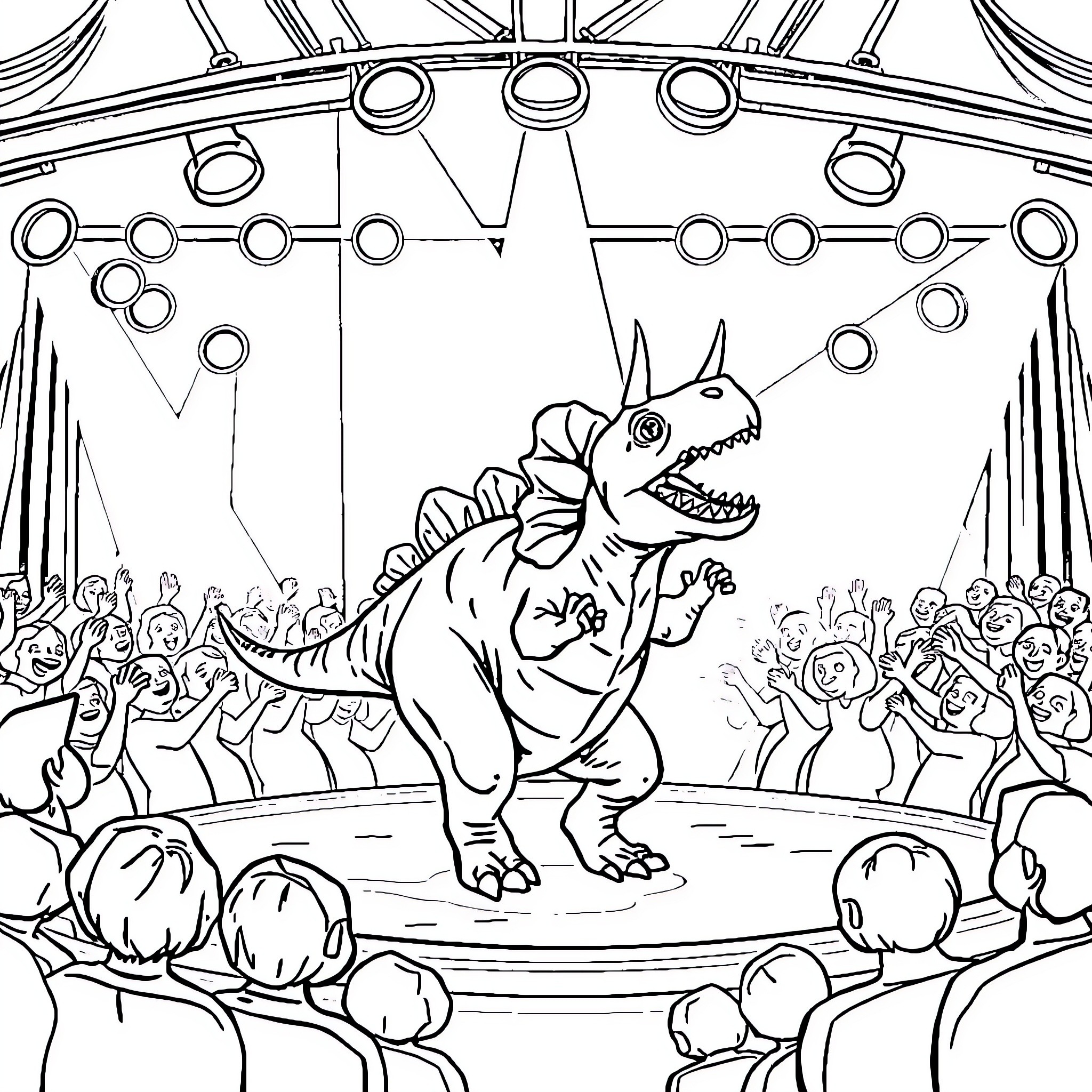 Triceratops performing in a circus show Coloring Page (free black-and-white line drawing printable PDF for all, from beginners to advanced learners, including children, teens, adults, and seniors)