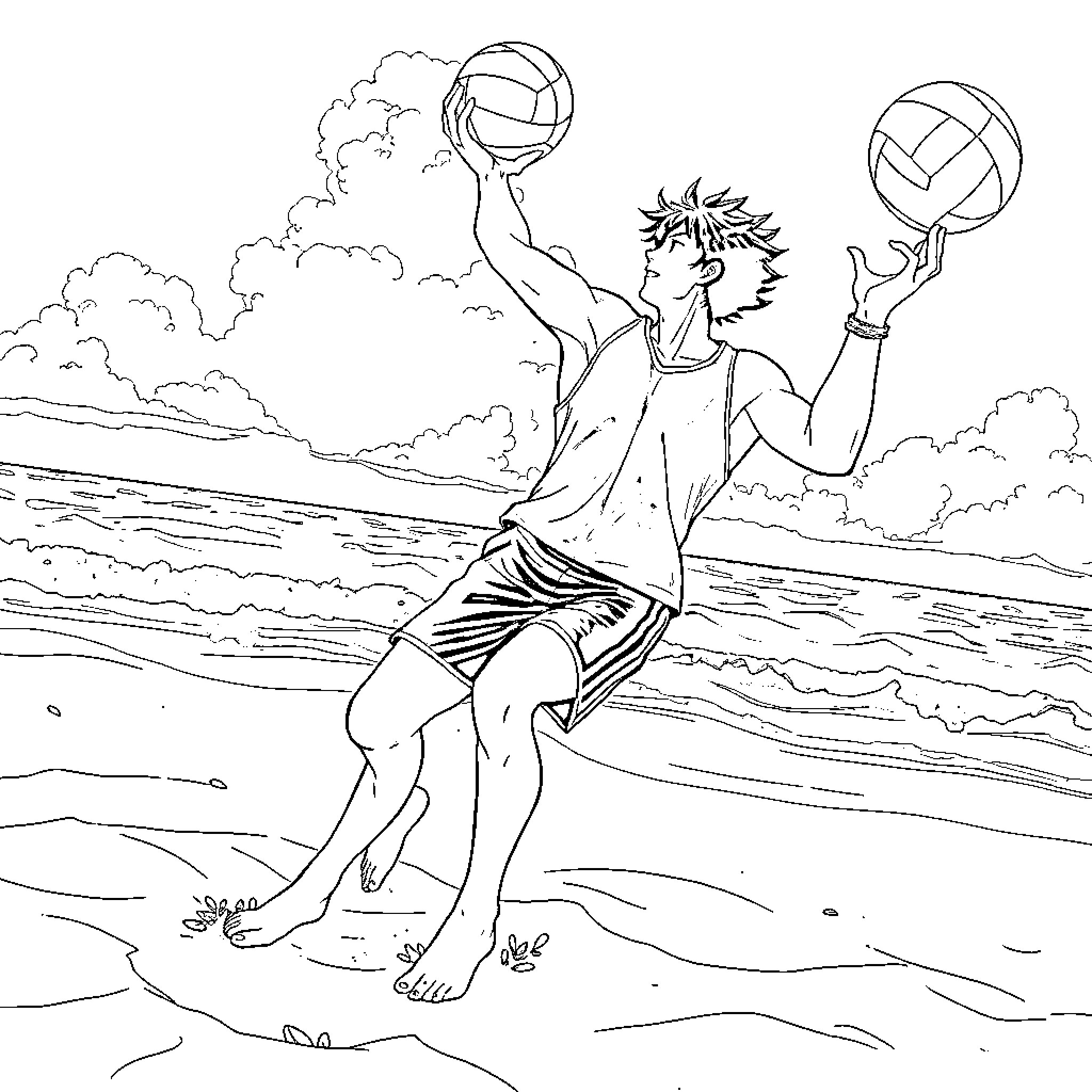 Rean Schwarzer playing volleyball on the beach Coloring Page (free black-and-white line drawing printable PDF for all, from beginners to advanced learners, including children, teens, adults, and seniors)