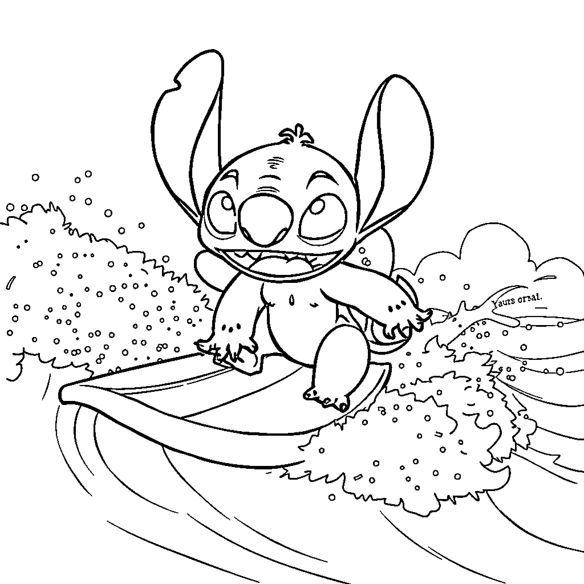 Stitch surfing through the waves Coloring Page (free black-and-white line drawing printable PDF for all, from beginners to advanced learners, including children, teens, adults, and seniors)