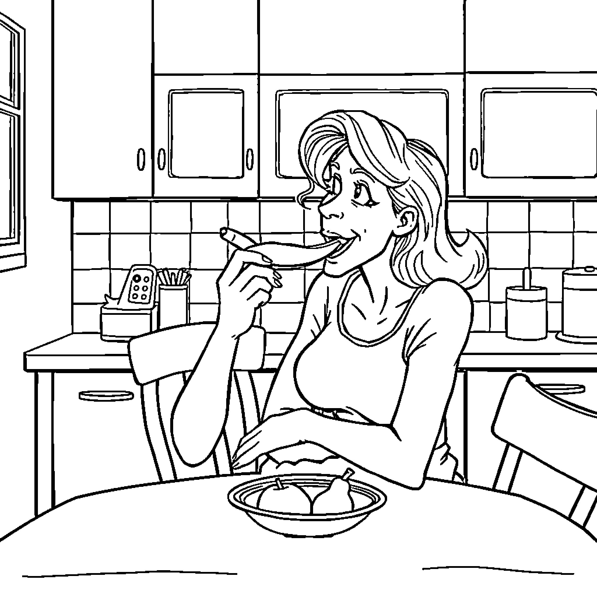 Wife enjoying a snack in the kitchen Coloring Page (free black-and-white line drawing printable PDF for all, from beginners to advanced learners, including children, teens, adults, and seniors)