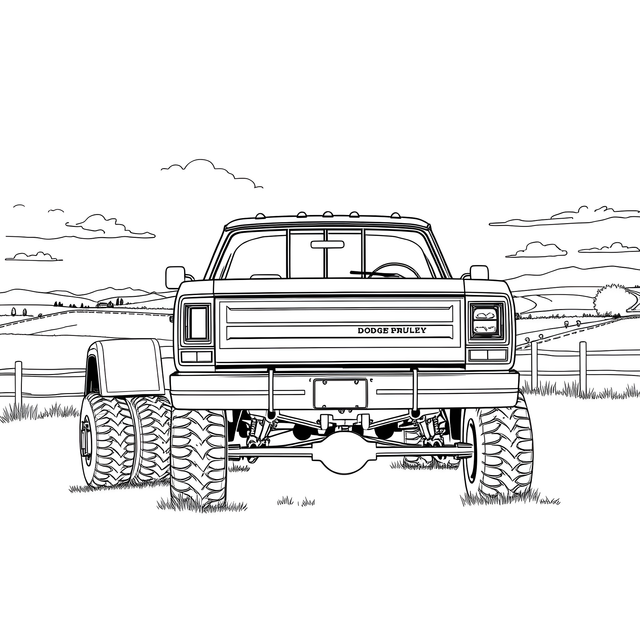 Dodge Pickup Truck Navigating Off-Road Terrain Coloring Page (free black-and-white line drawing printable PDF for all, from beginners to advanced learners, including children, teens, adults, and seniors)