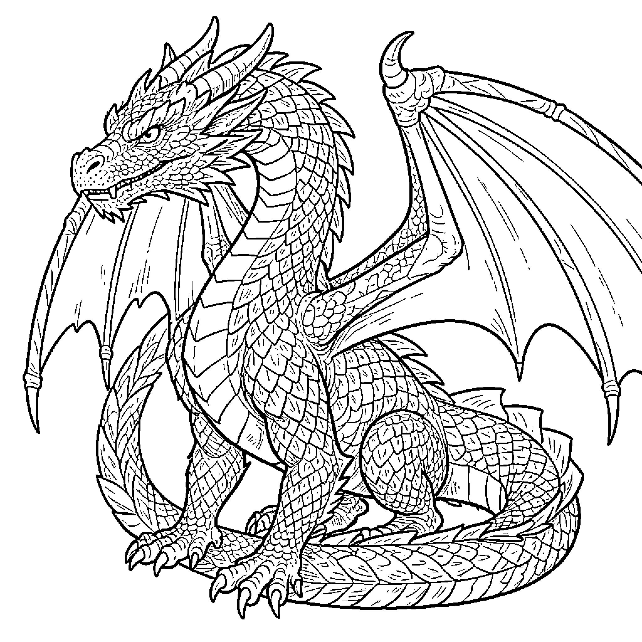Dragon with Ornate Wings and Scales Coloring Page (free black-and-white line drawing printable PDF for all, from beginners to advanced learners, including children, teens, adults, and seniors)