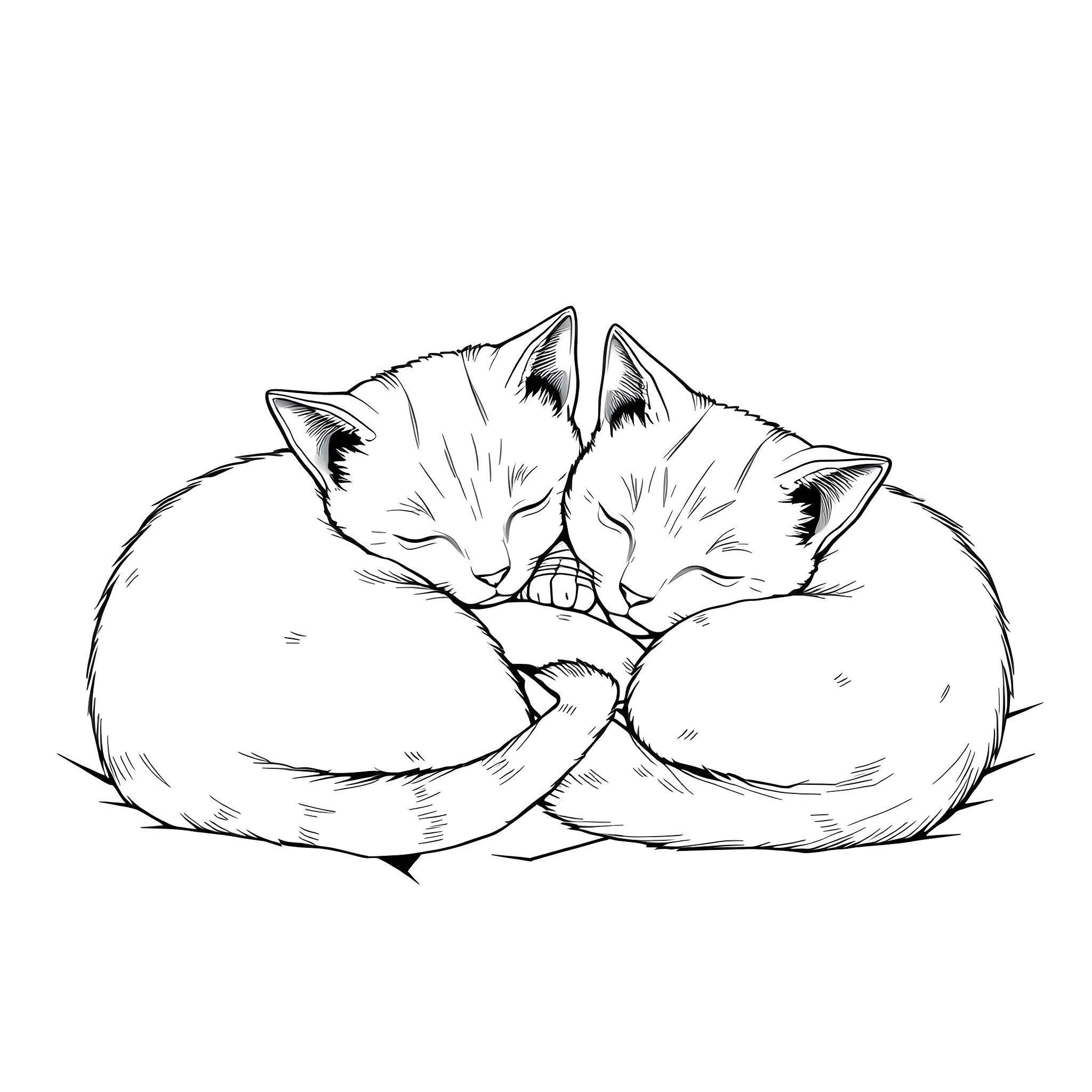 Cat napping together in a cozy bed Coloring Page (free black-and-white line drawing printable PDF for all, from beginners to advanced learners, including children, teens, adults, and seniors)
