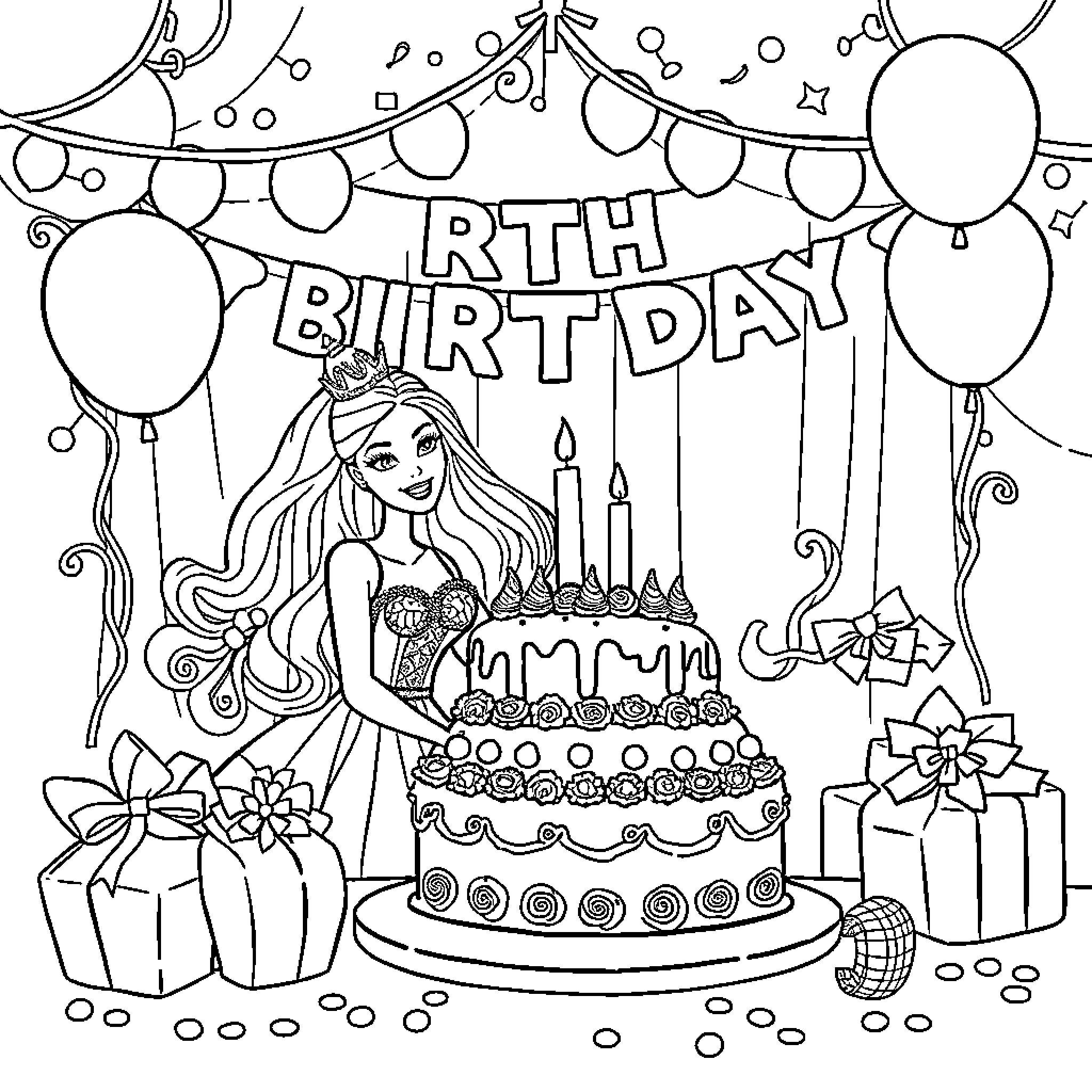 Barbie's Birthday Party Celebration Coloring Page (free black-and-white line drawing printable PDF for all, from beginners to advanced learners, including children, teens, adults, and seniors)