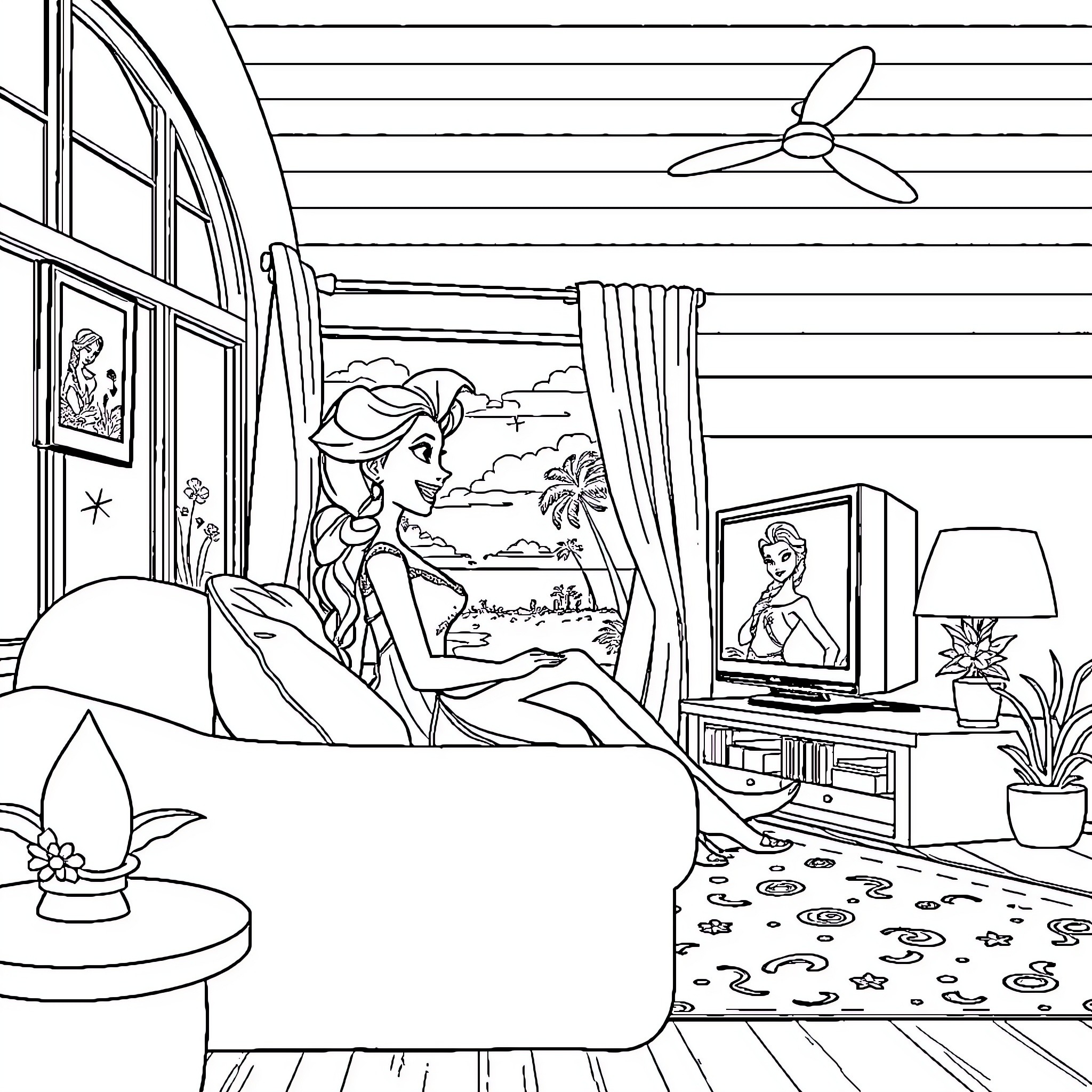 Elsa enjoying a cozy day at home Coloring Page (free black-and-white line drawing printable PDF for all, from beginners to advanced learners, including children, teens, adults, and seniors)