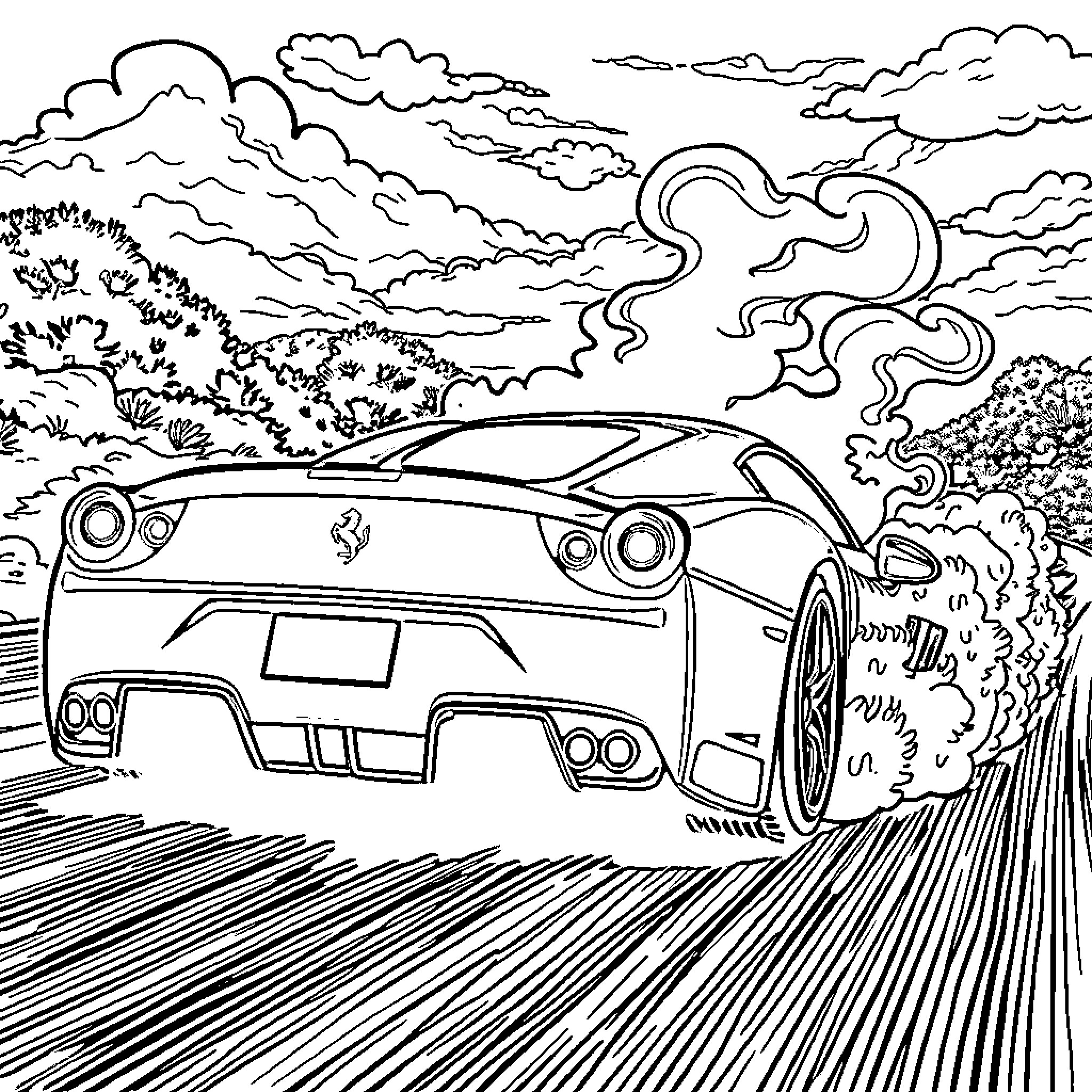Ferrari racing through scenic countryside Coloring Page (free black-and-white line drawing printable PDF for all, from beginners to advanced learners, including children, teens, adults, and seniors)