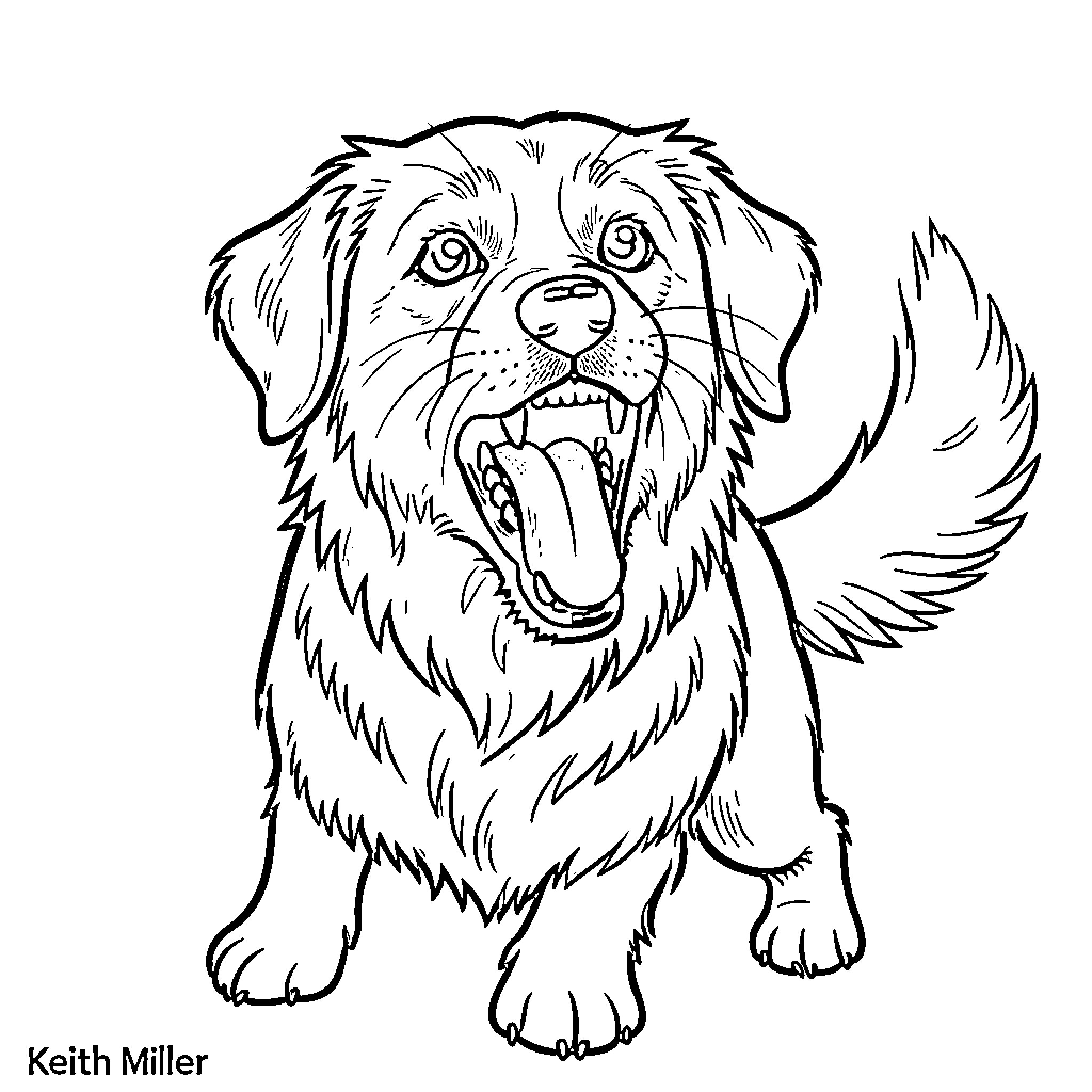 Dog Happily Wagging Tail in Sketch Drawing Coloring Page (free black-and-white line drawing printable PDF for all, from beginners to advanced learners, including children, teens, adults, and seniors)