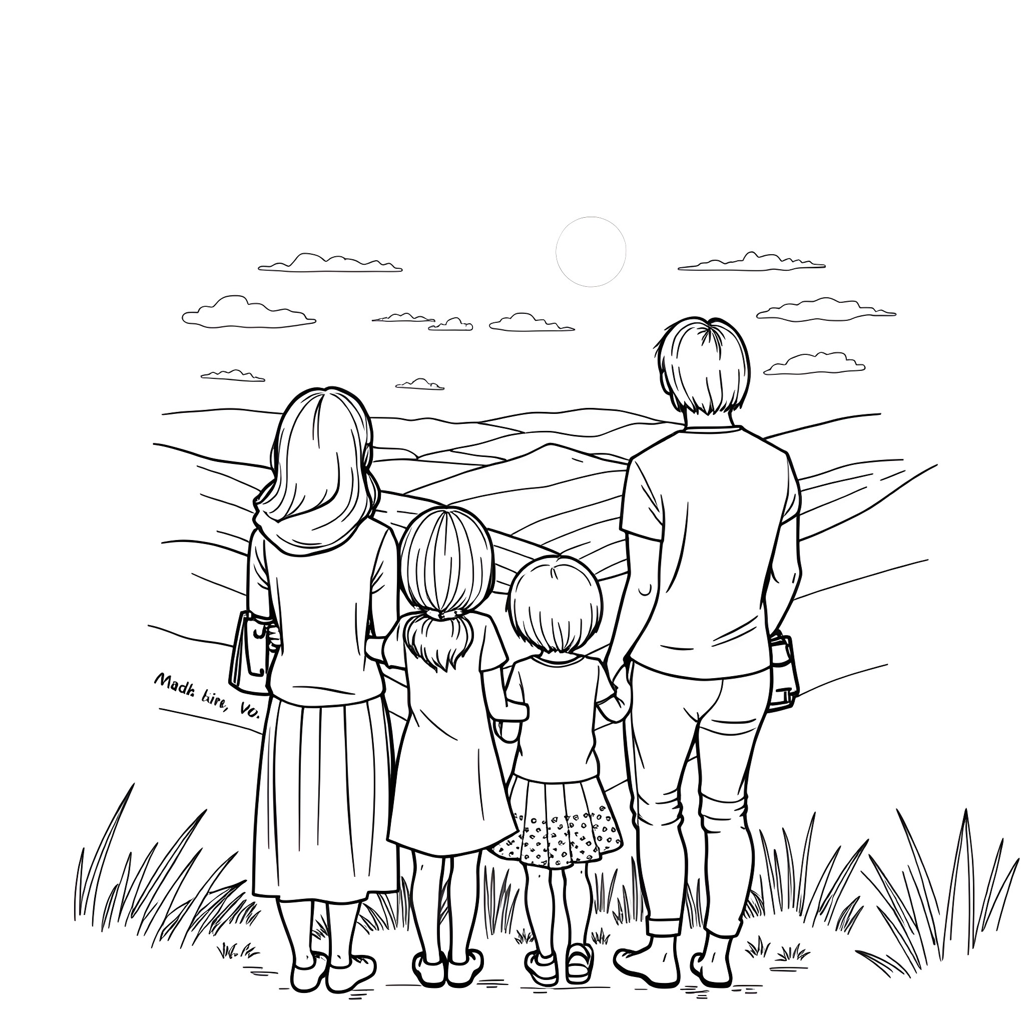 Family exploring scenic outdoors together Coloring Page (free black-and-white line drawing printable PDF for all, from beginners to advanced learners, including children, teens, adults, and seniors)