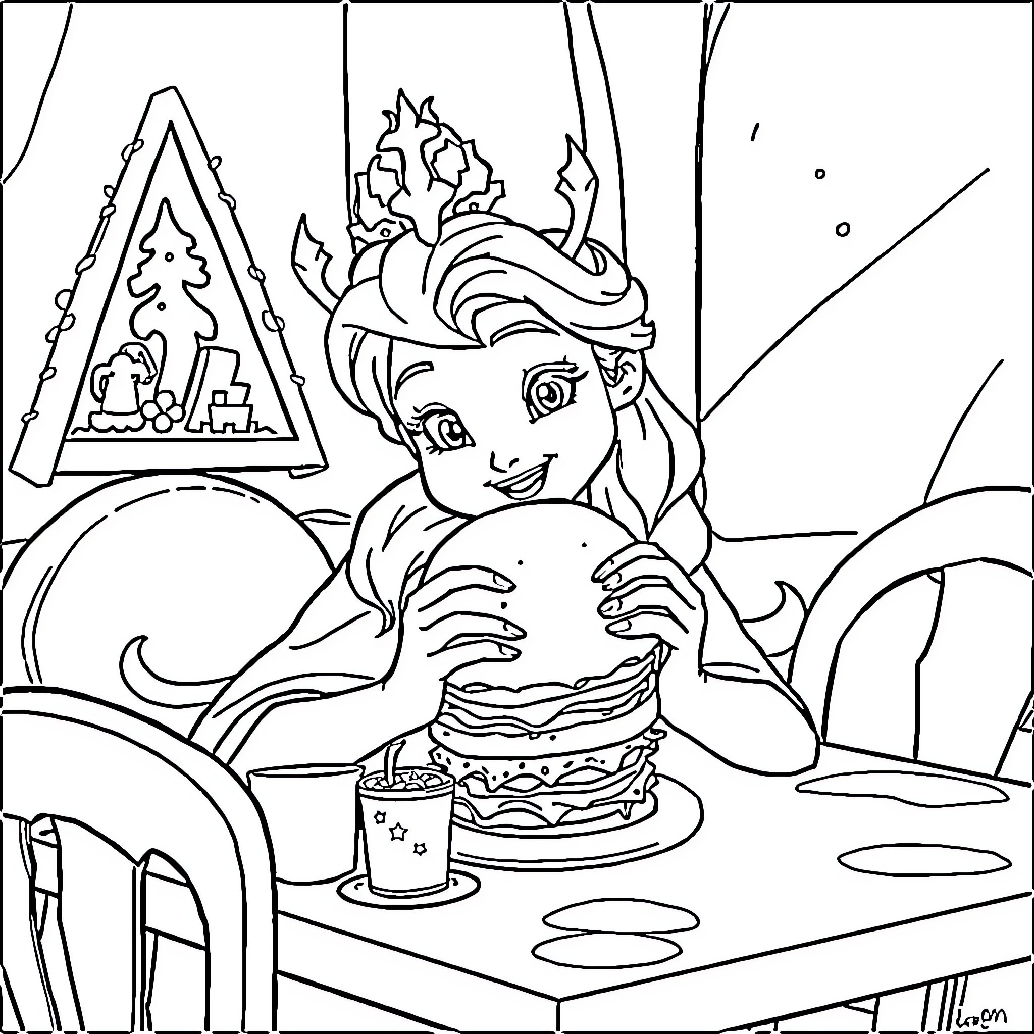 Queen Enjoying a Festive Treat Coloring Page (free black-and-white line drawing printable PDF for all, from beginners to advanced learners, including children, teens, adults, and seniors)