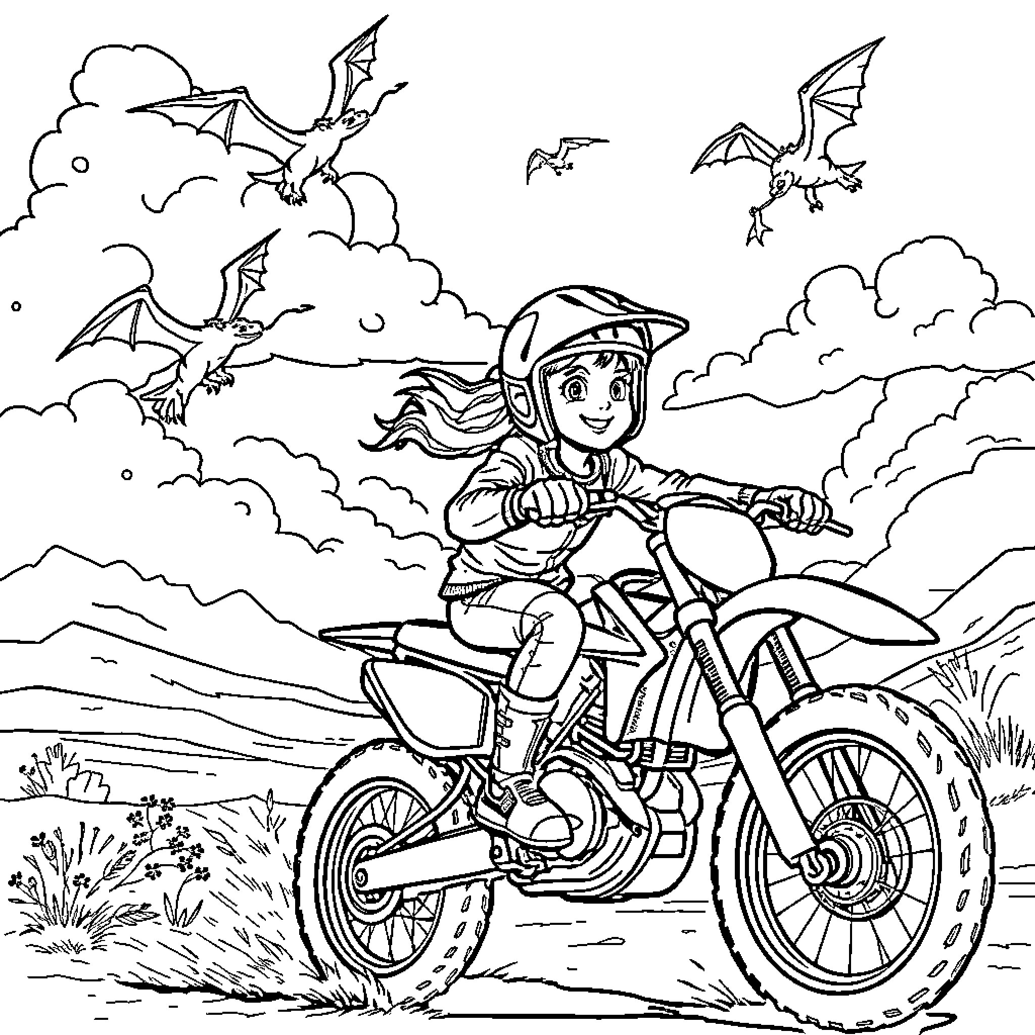 Dragon Rider Racing Through the Clouds Coloring Page (free black-and-white line drawing printable PDF for all, from beginners to advanced learners, including children, teens, adults, and seniors)