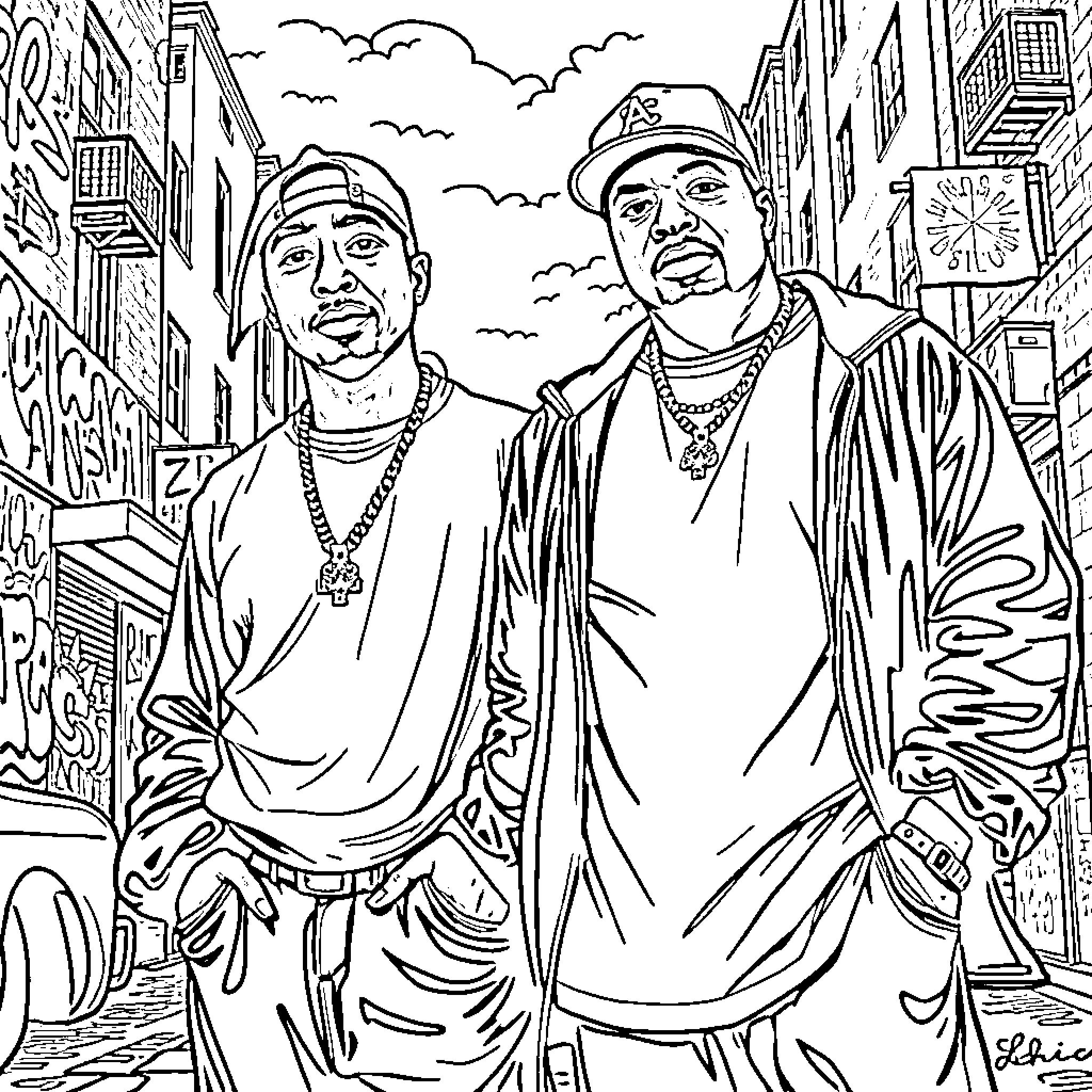 Tupac and Notorious BIG in stylish urban attire Coloring Page (free black-and-white line drawing printable PDF for all, from beginners to advanced learners, including children, teens, adults, and seniors)