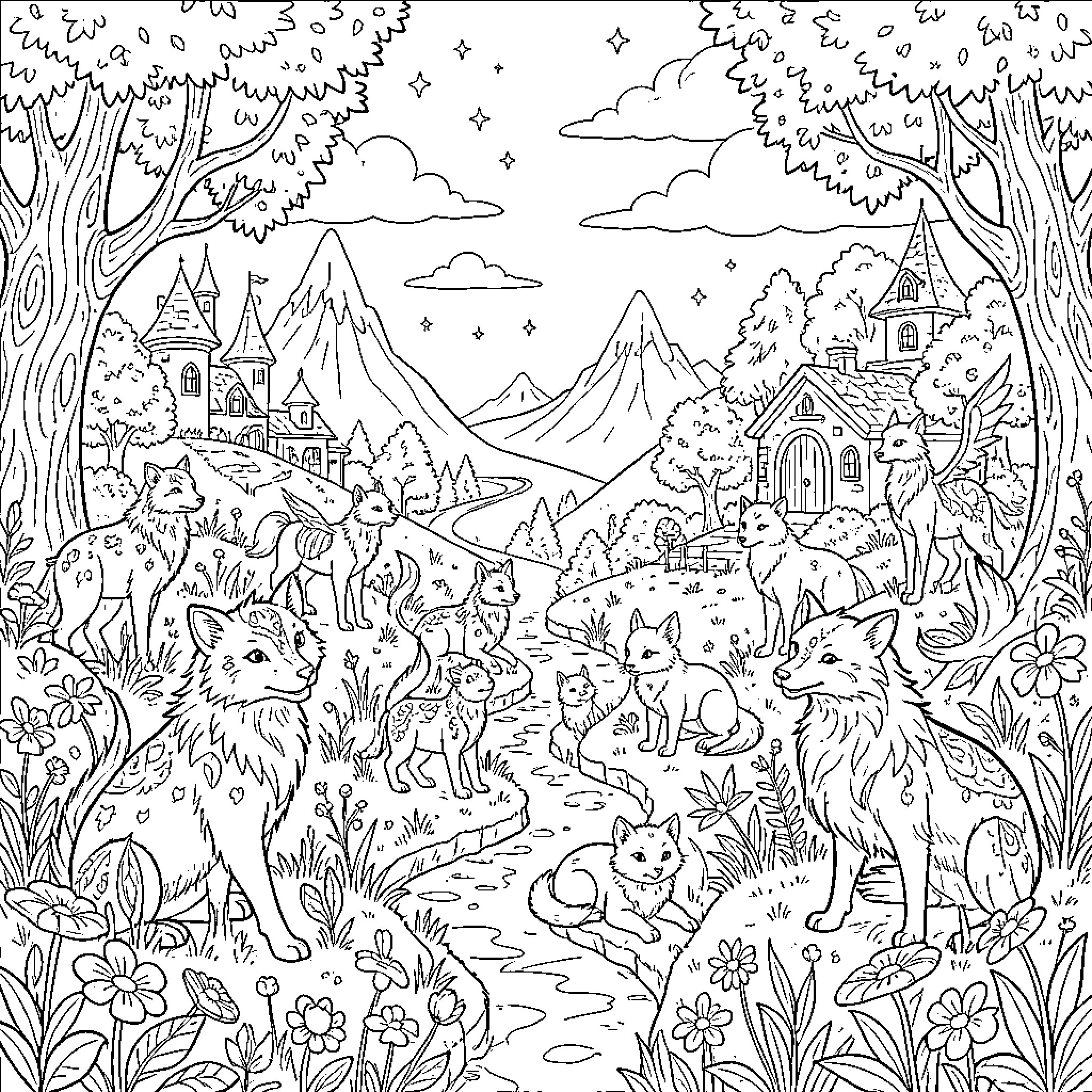 Fantasy Creatures in a Whimsical Forest Landscape Coloring Page (free black-and-white line drawing printable PDF for all, from beginners to advanced learners, including children, teens, adults, and seniors)