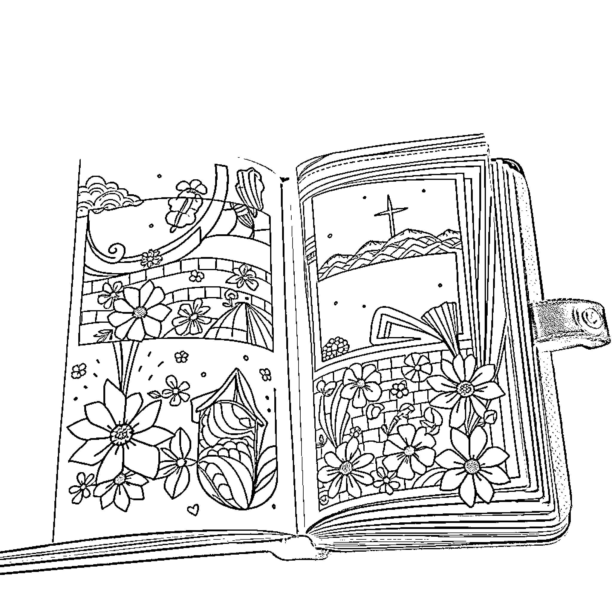 Scrapbook of Dreamy Flowers and Nature Coloring Page (free black-and-white line drawing printable PDF for all, from beginners to advanced learners, including children, teens, adults, and seniors)