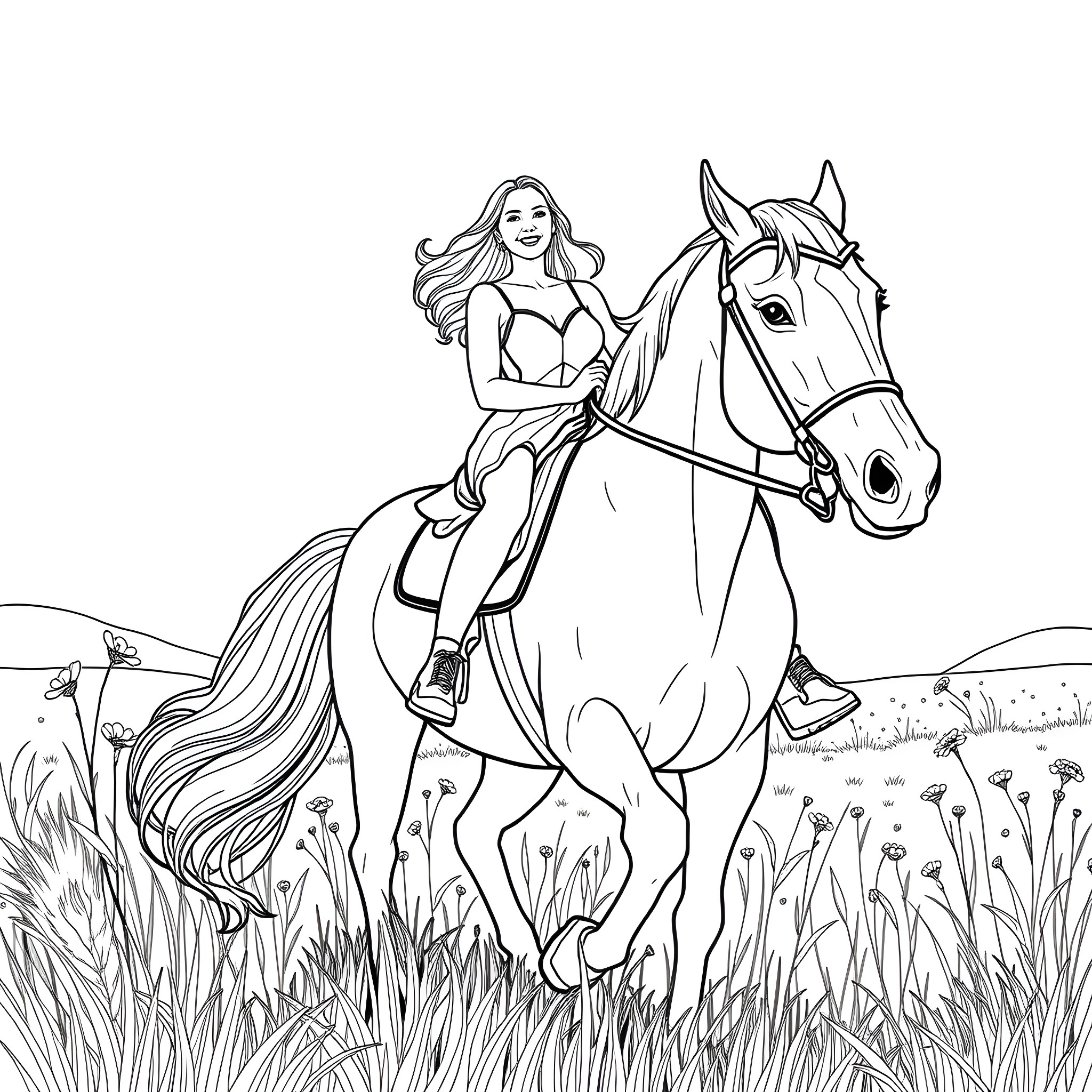 Anna Kendrick riding a horse in a meadow Coloring Page (free black-and-white line drawing printable PDF for all, from beginners to advanced learners, including children, teens, adults, and seniors)