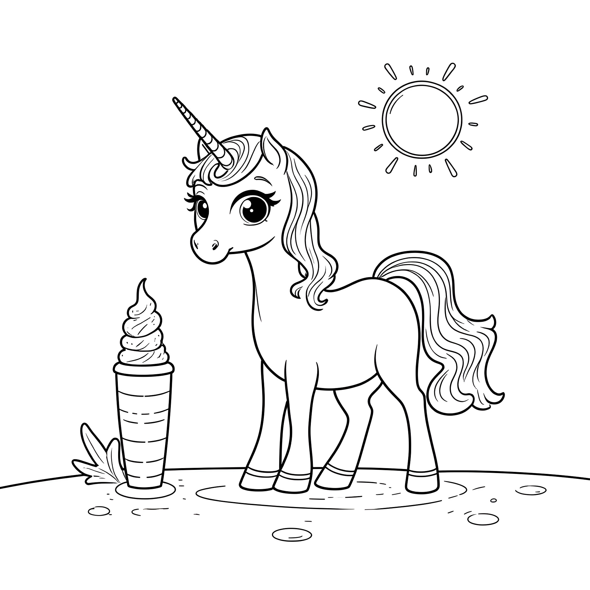 Unicorn with ice cream in a sunny meadow Coloring Page (free black-and-white line drawing printable PDF for all, from beginners to advanced learners, including children, teens, adults, and seniors)