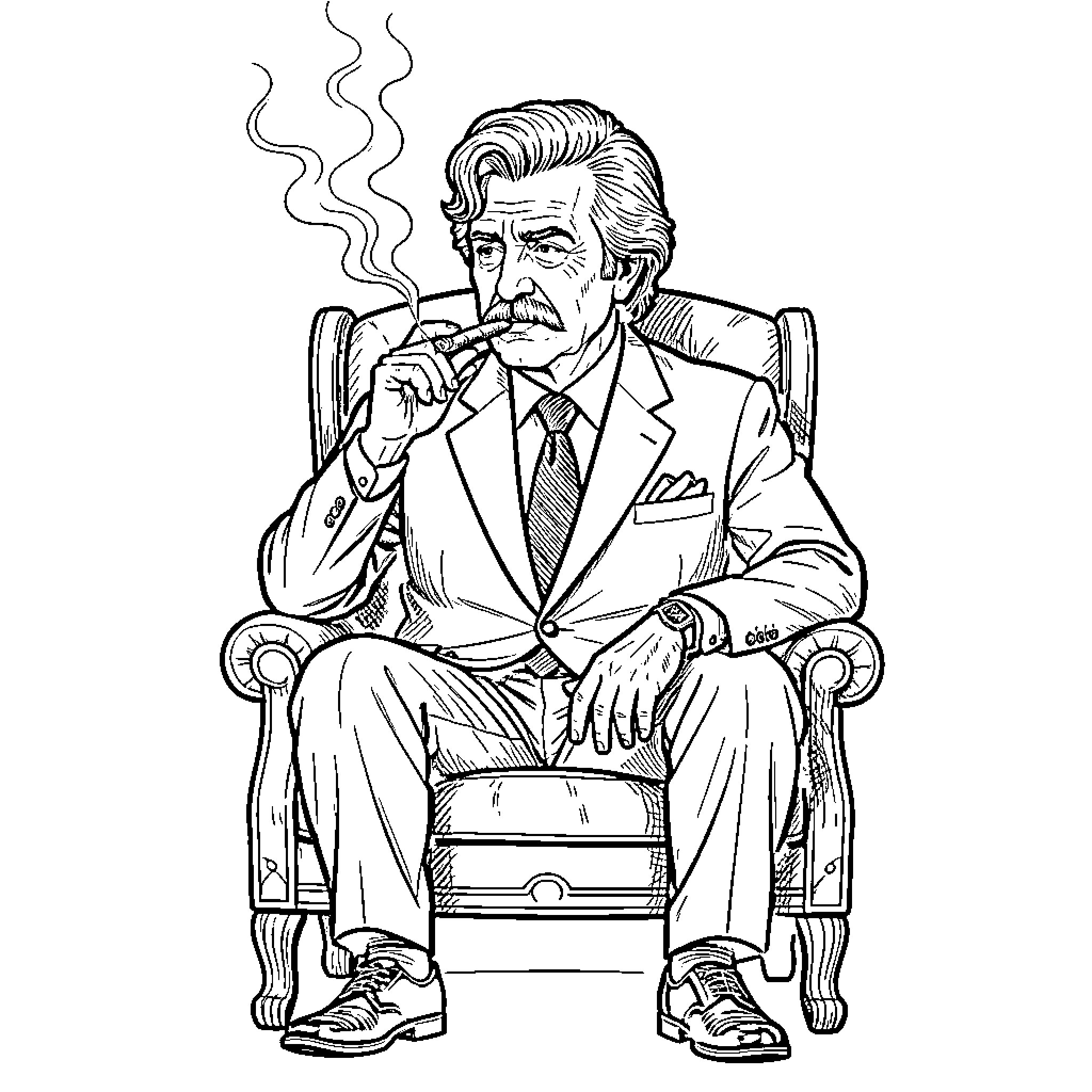 Pablo Escobar sitting in a chair smoking a cigar Coloring Page (free black-and-white line drawing printable PDF for all, from beginners to advanced learners, including children, teens, adults, and seniors)