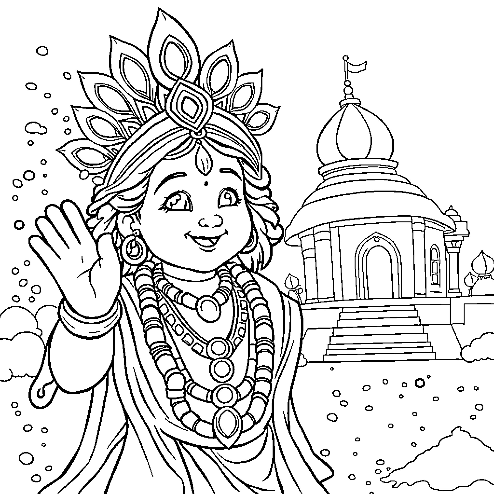 Krishna greeting with ornaments and temple Coloring Page (free black-and-white line drawing printable PDF for all, from beginners to advanced learners, including children, teens, adults, and seniors)