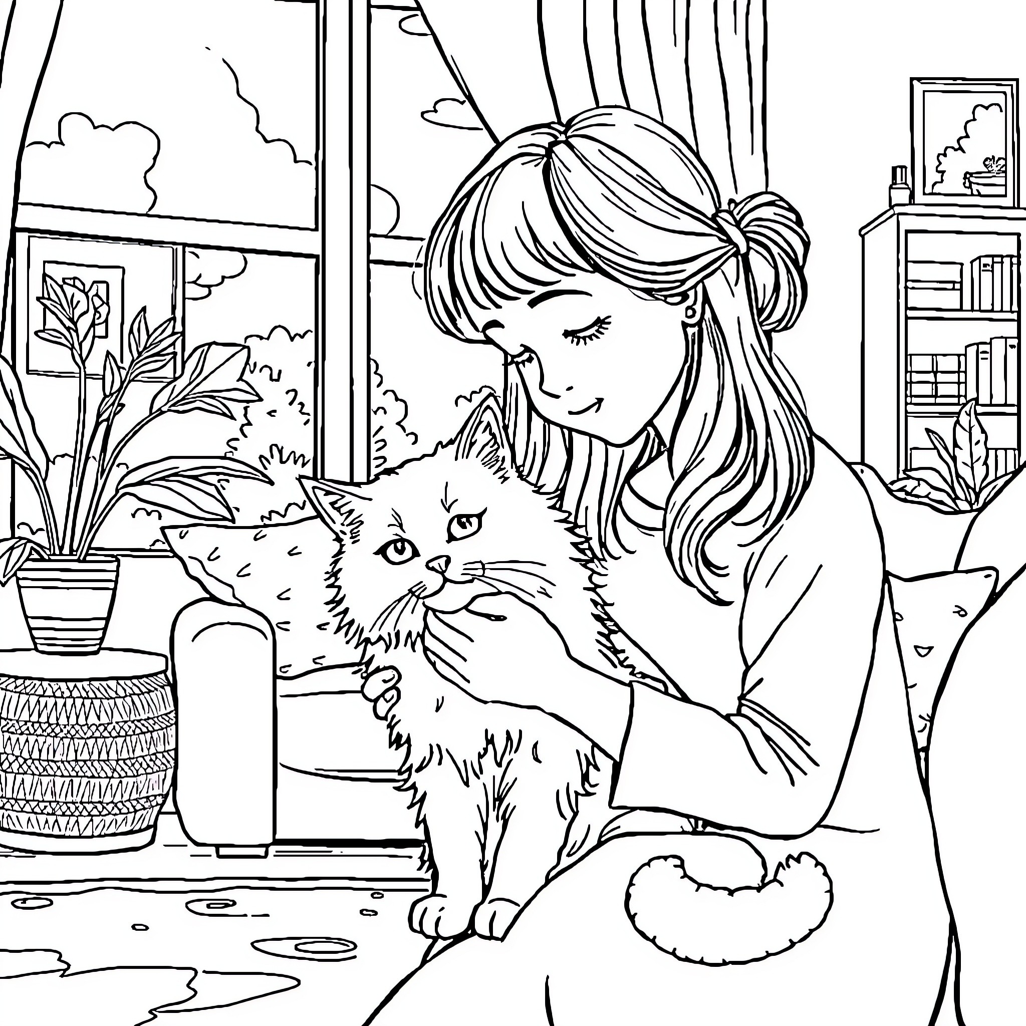 Girl cuddling a fluffy cat at home Coloring Page (free black-and-white line drawing printable PDF for all, from beginners to advanced learners, including children, teens, adults, and seniors)