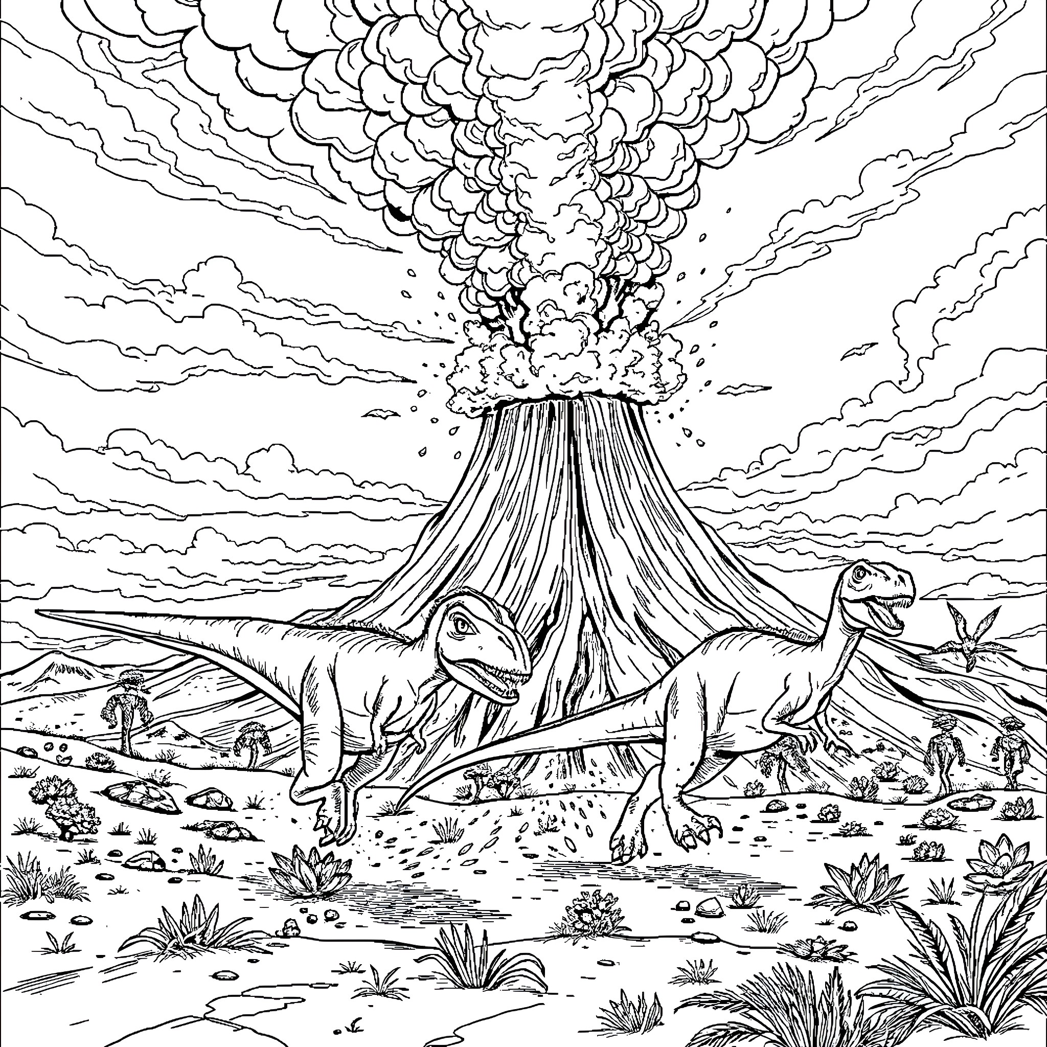 Dinosaurs exploring a volcanic landscape Coloring Page (free black-and-white line drawing printable PDF for all, from beginners to advanced learners, including children, teens, adults, and seniors)