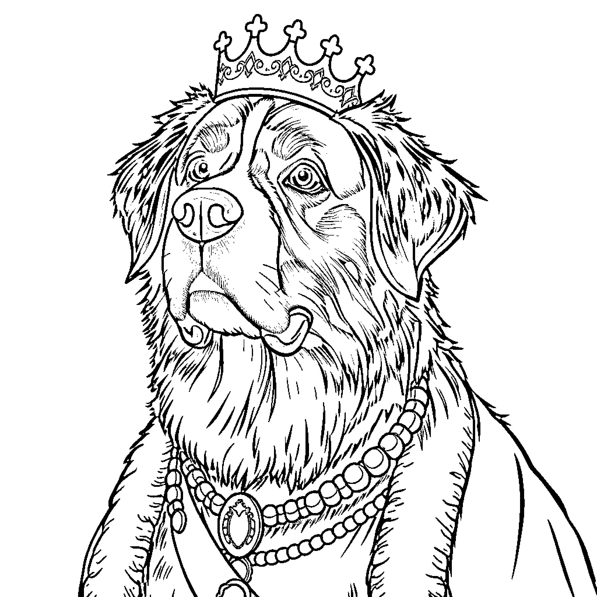 Bernese Mountain Dog dressed as a crowned royal Coloring Page (free black-and-white line drawing printable PDF for all, from beginners to advanced learners, including children, teens, adults, and seniors)