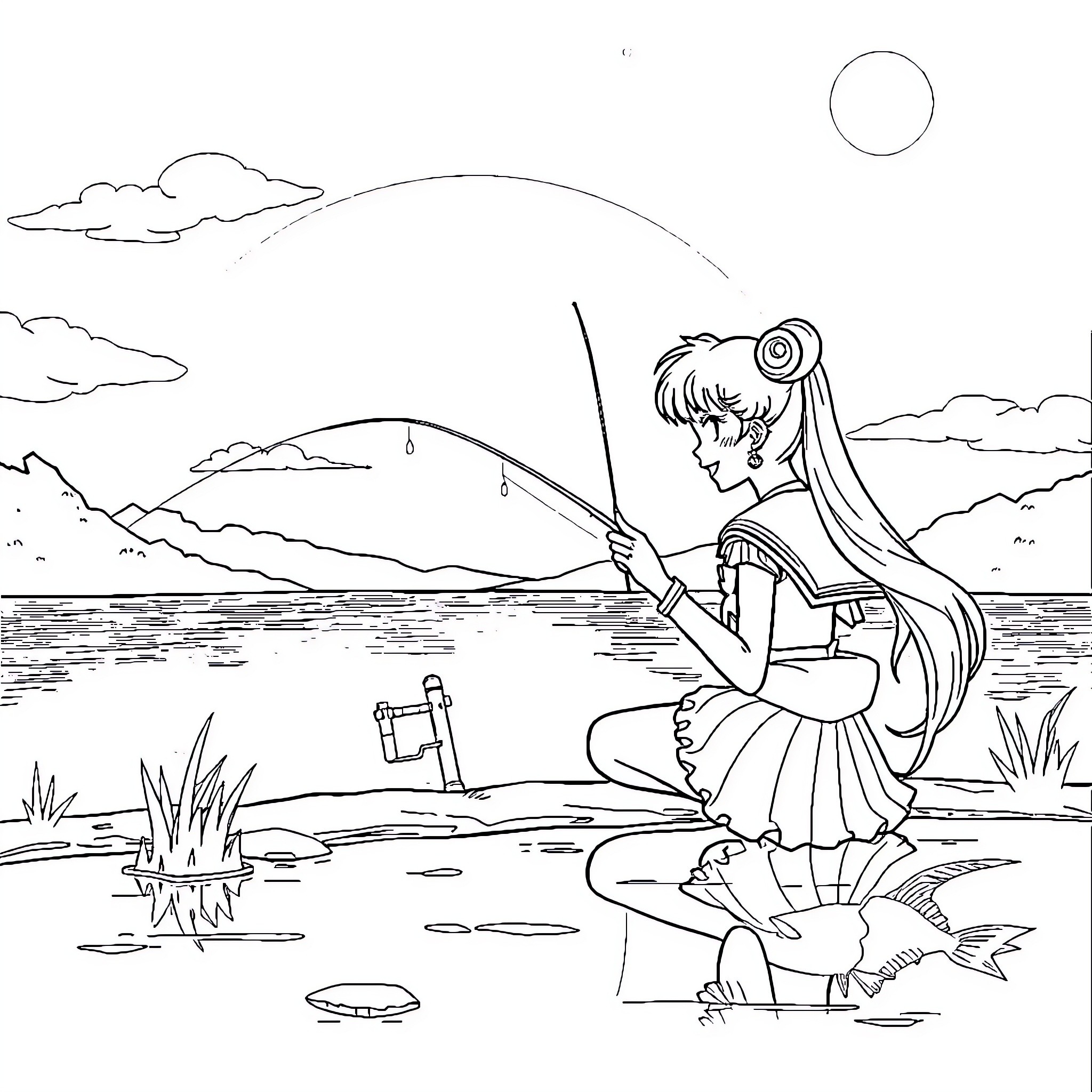 Sailor Moon fishing by the lake Coloring Page (free black-and-white line drawing printable PDF for all, from beginners to advanced learners, including children, teens, adults, and seniors)