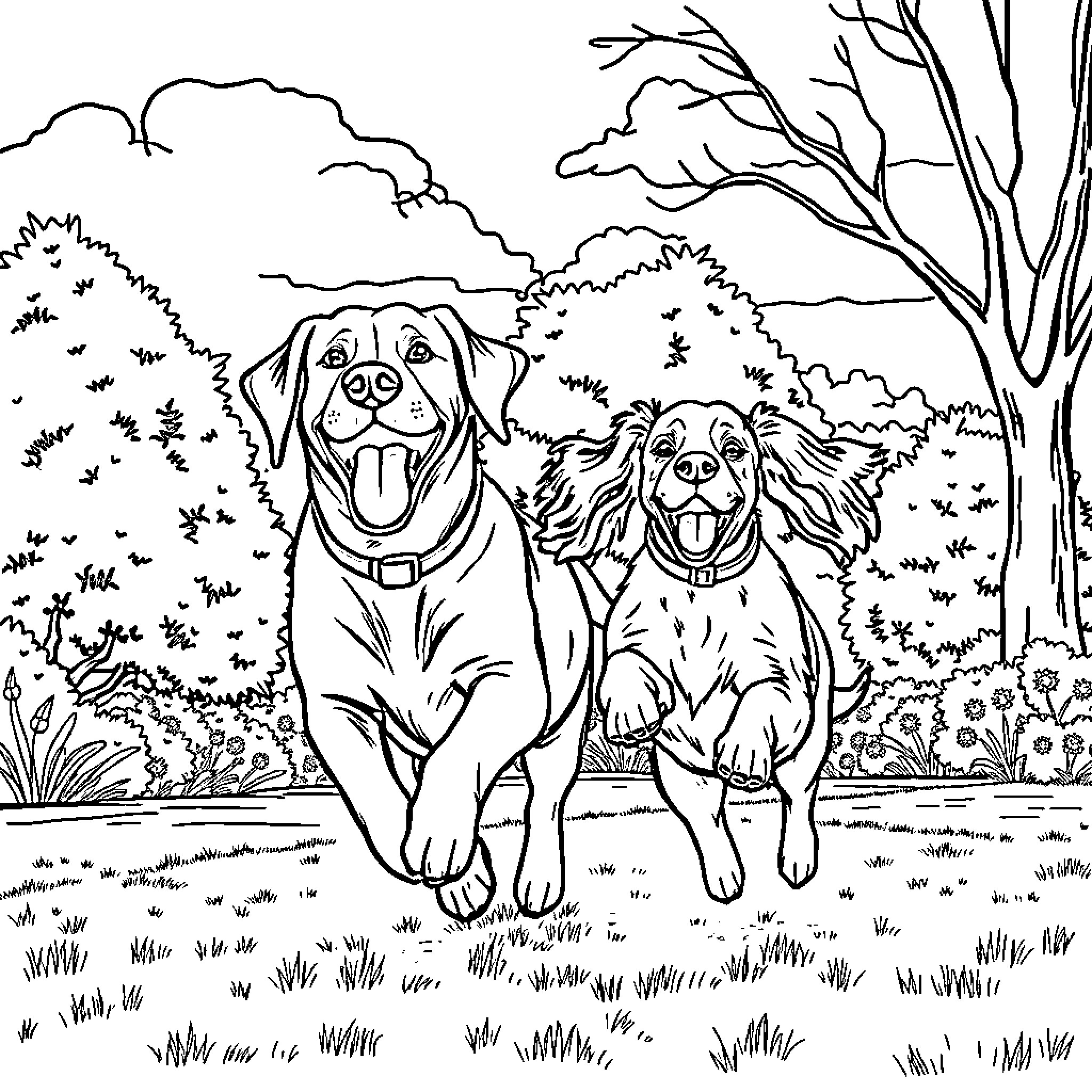 Dogs Exploring Outdoor Scenery Coloring Page (free black-and-white line drawing printable PDF for all, from beginners to advanced learners, including children, teens, adults, and seniors)