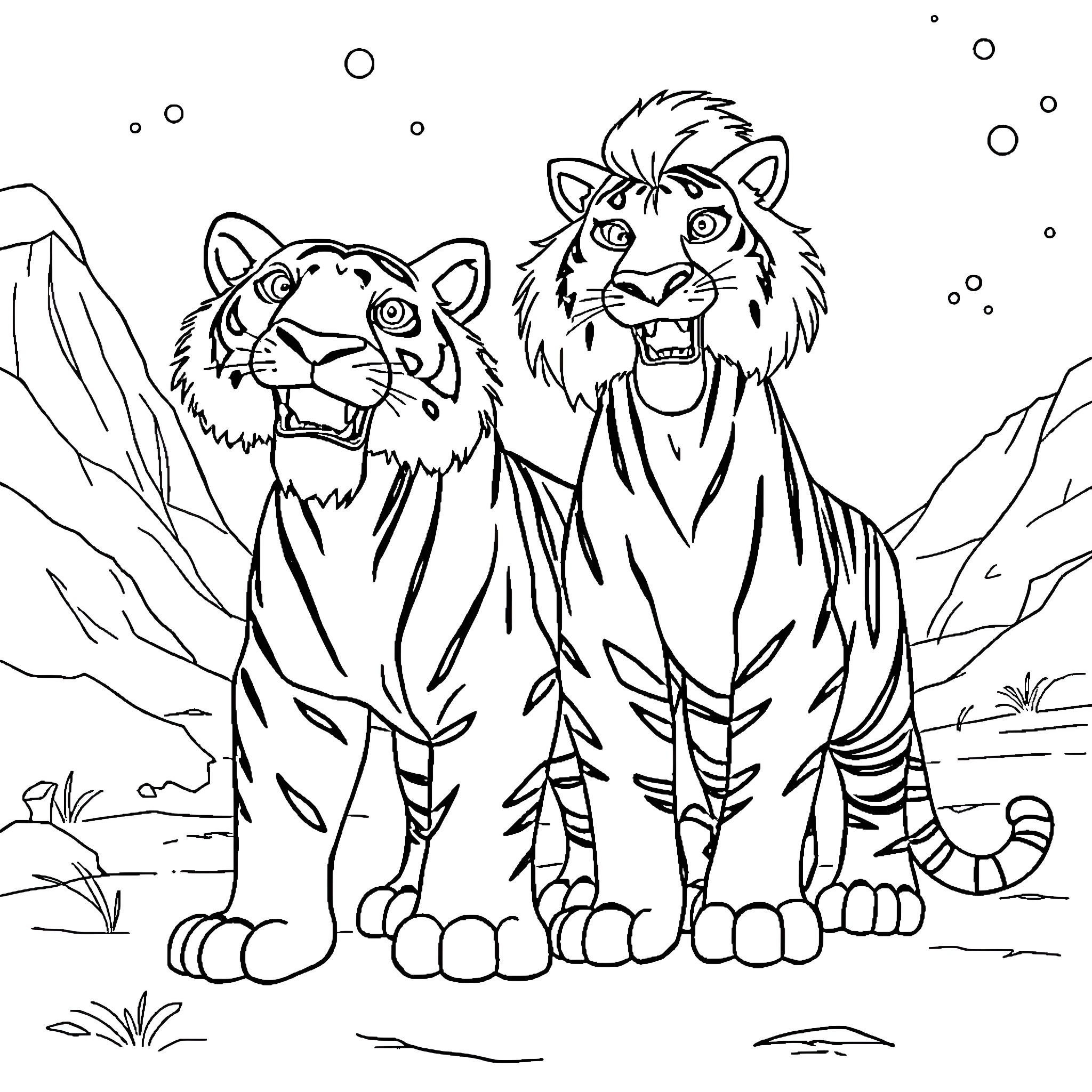 Diego's Fierce Tiger Companions in the Wild Coloring Page (free black-and-white line drawing printable PDF for all, from beginners to advanced learners, including children, teens, adults, and seniors)