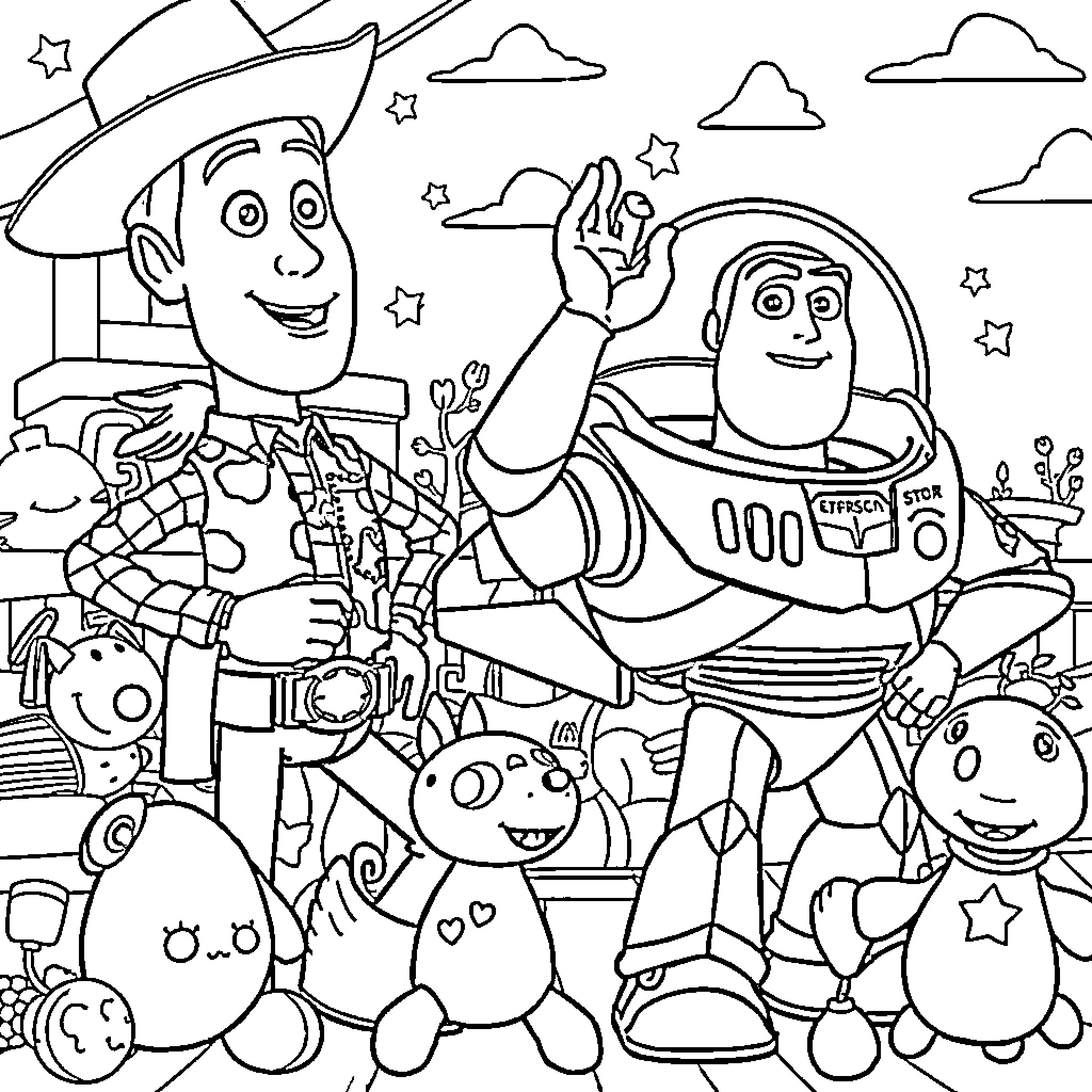 Toy friends in a whimsical adventure Coloring Page (free black-and-white line drawing printable PDF for all, from beginners to advanced learners, including children, teens, adults, and seniors)