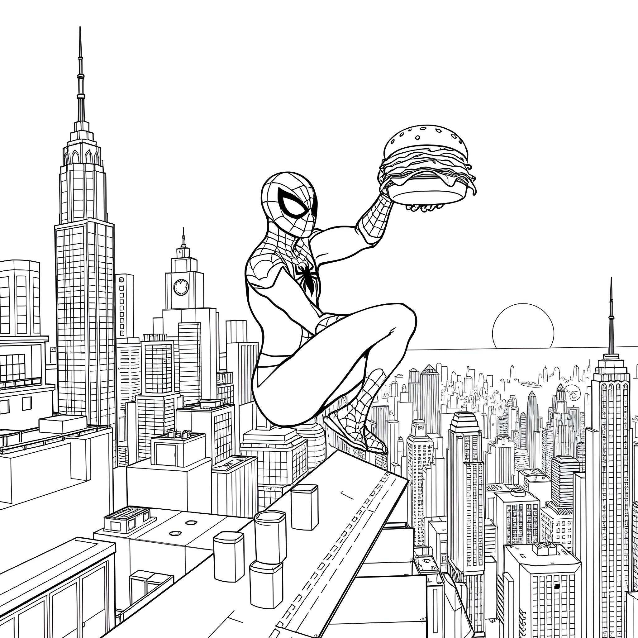 Spiderman swinging through the city with a burger Coloring Page (free black-and-white line drawing printable PDF for all, from beginners to advanced learners, including children, teens, adults, and seniors)