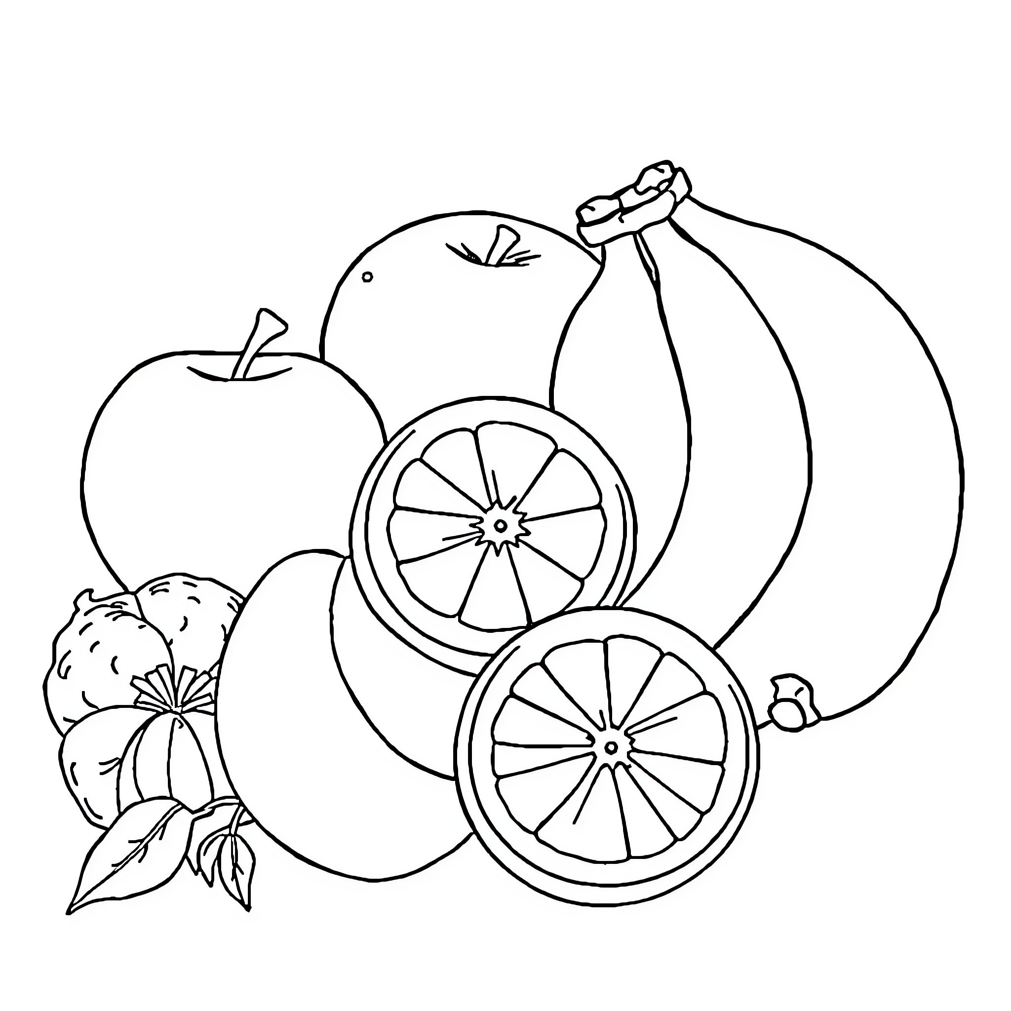 Fruit assortment in simple line art Coloring Page (free black-and-white line drawing printable PDF for all, from beginners to advanced learners, including children, teens, adults, and seniors)