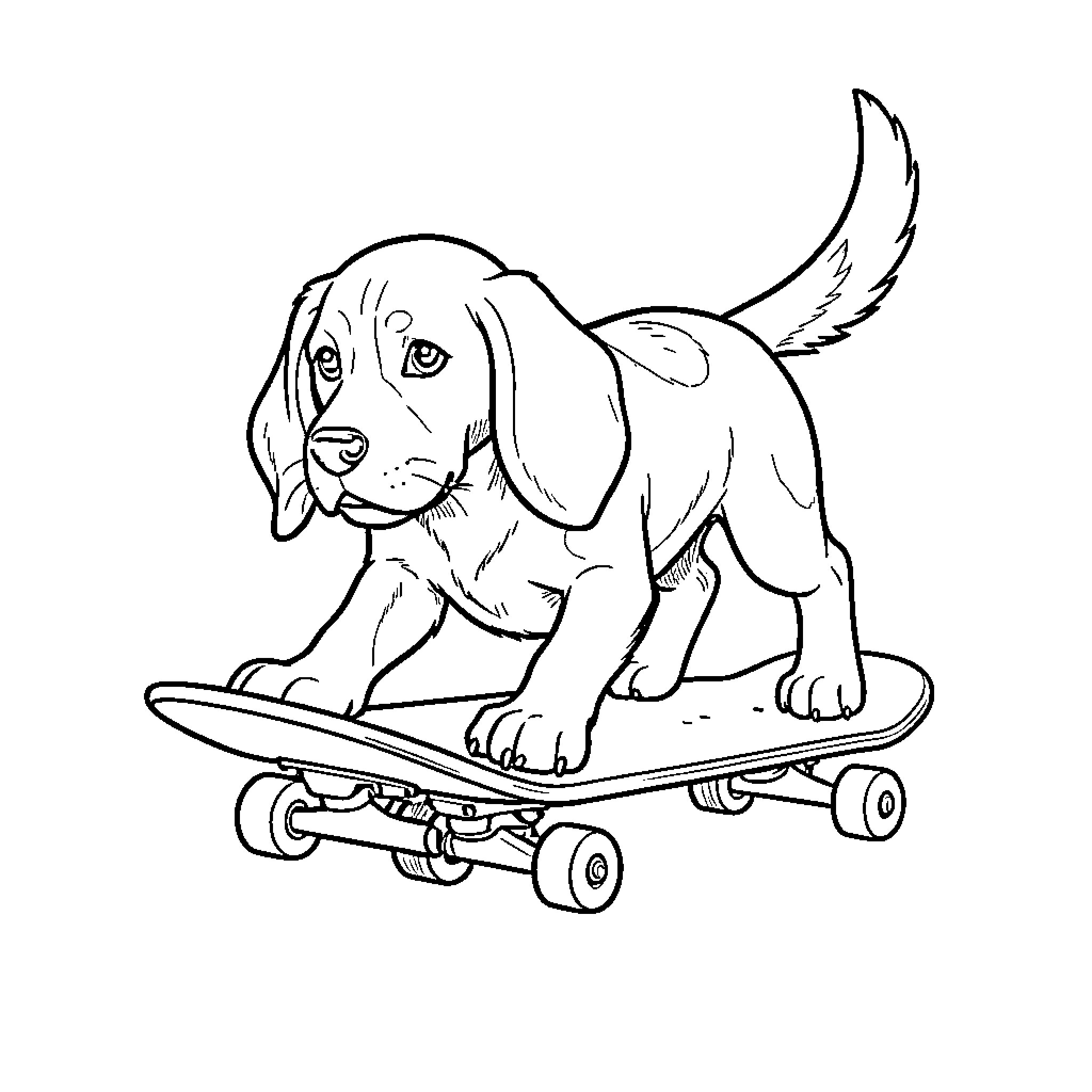 Beagle riding a skateboard with a determined expression Coloring Page (free black-and-white line drawing printable PDF for all, from beginners to advanced learners, including children, teens, adults, and seniors)