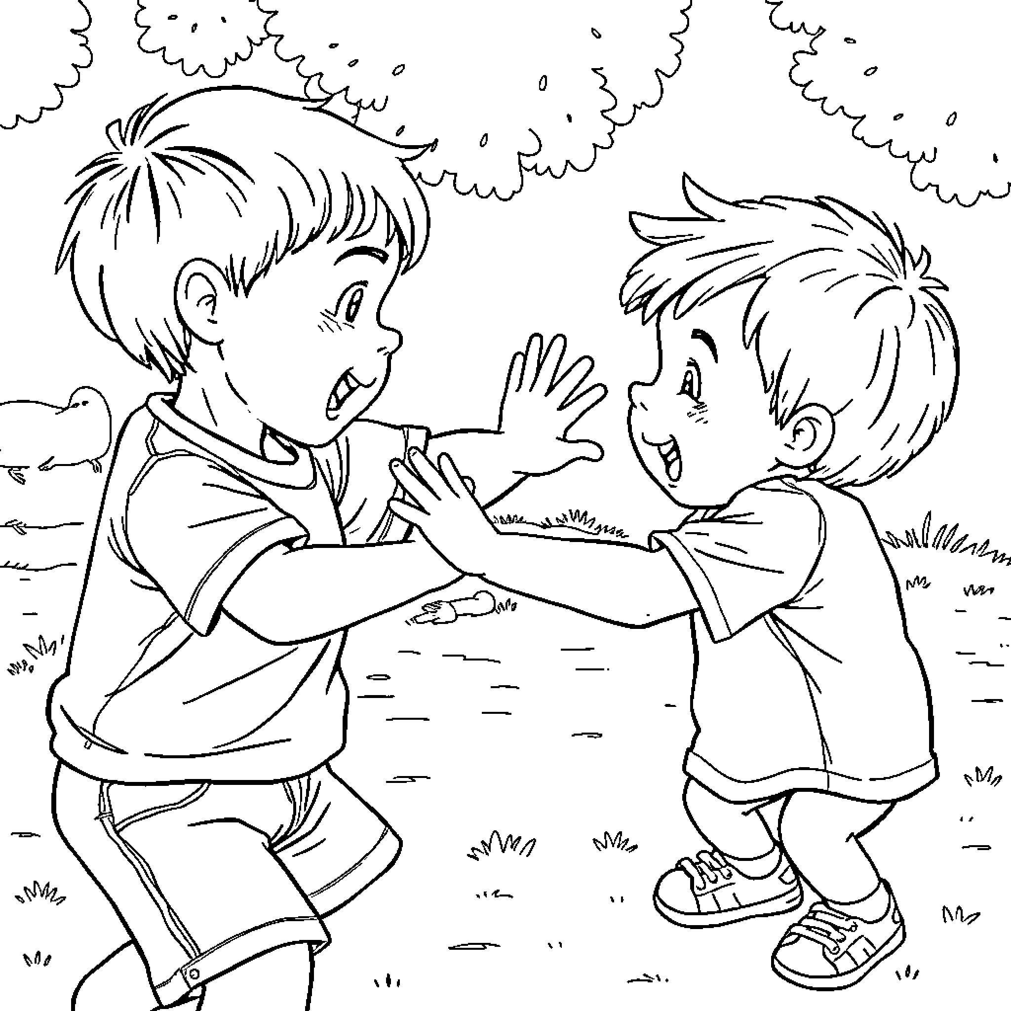 Boys Playing Happily Outdoors Coloring Page (free black-and-white line drawing printable PDF for all, from beginners to advanced learners, including children, teens, adults, and seniors)