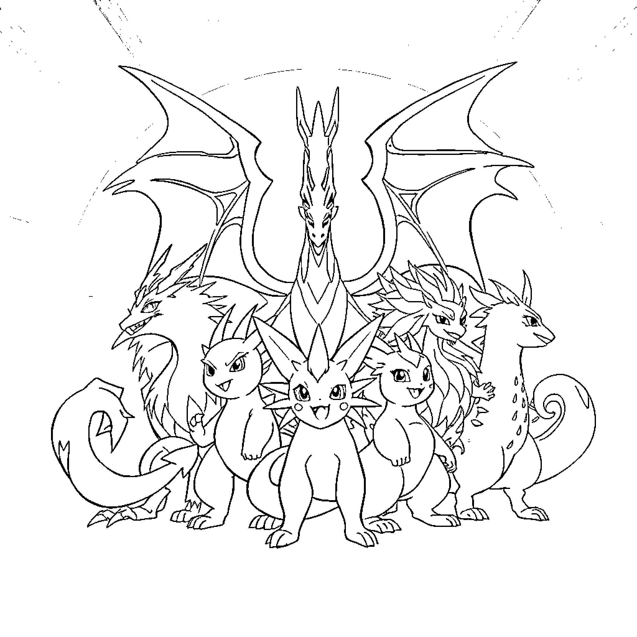 Legendary Pokemon Gathered Around the Majestic Dragon Coloring Page (free black-and-white line drawing printable PDF for all, from beginners to advanced learners, including children, teens, adults, and seniors)