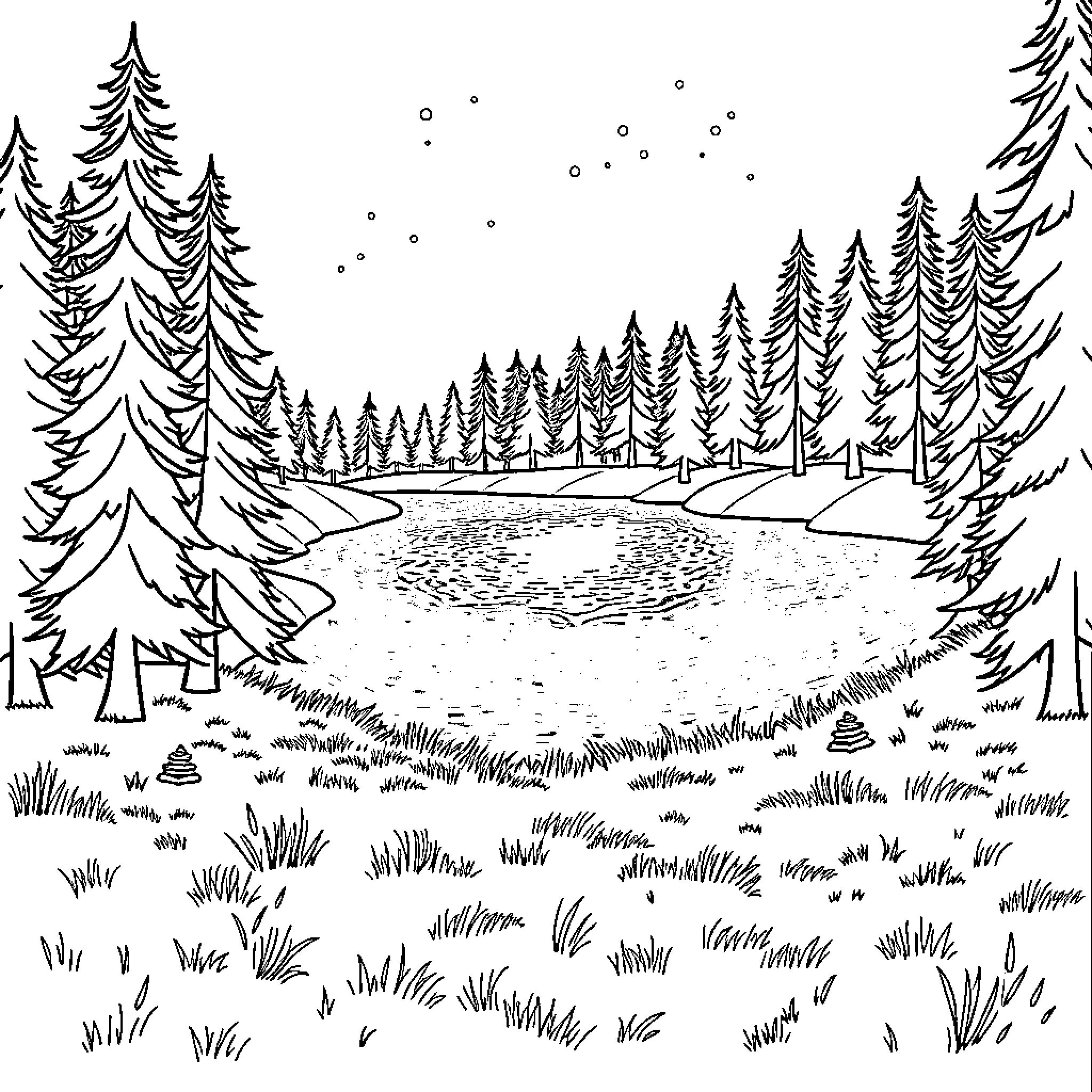 Lake in the Snowy Forest Coloring Page (free black-and-white line drawing printable PDF for all, from beginners to advanced learners, including children, teens, adults, and seniors)