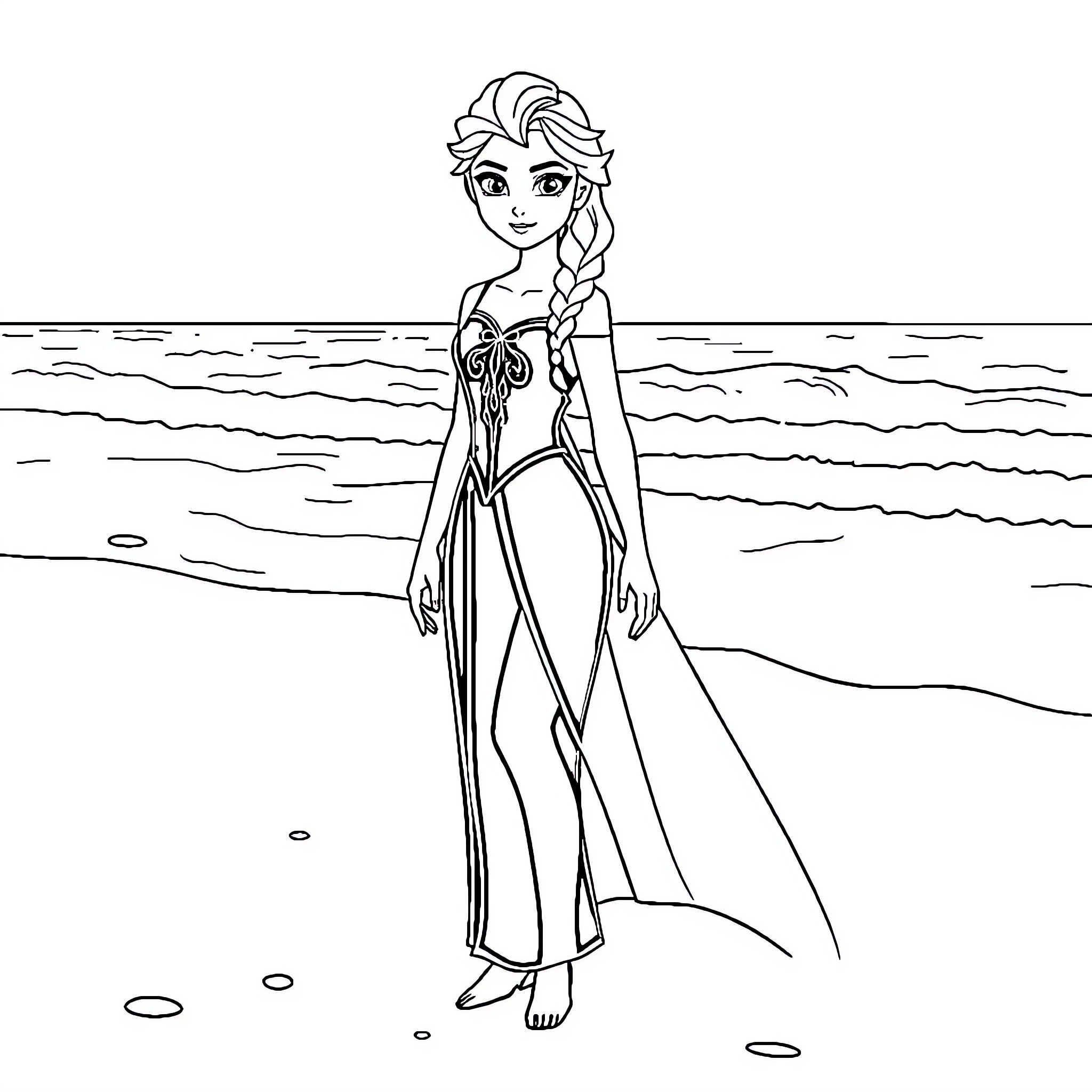 Elsa enjoying a peaceful moment by the sea Coloring Page (free black-and-white line drawing printable PDF for all, from beginners to advanced learners, including children, teens, adults, and seniors)